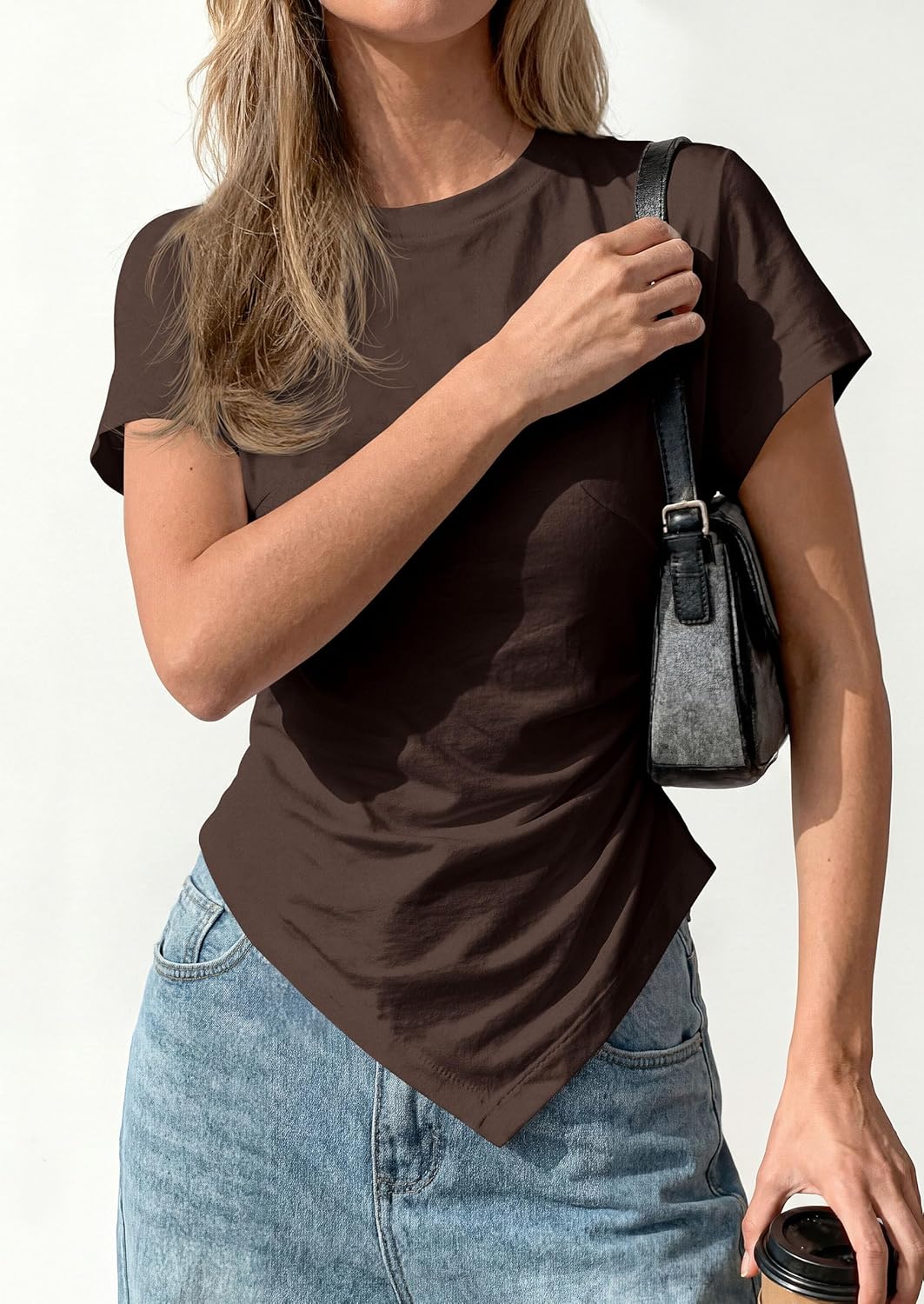 PRETTYGARDEN Womens Asymmetrical Tops 2026 Spring Summer Going Out Shirts Y2K Short Sleeve Crew Neck Ruched Trendy Clothes - Image 7