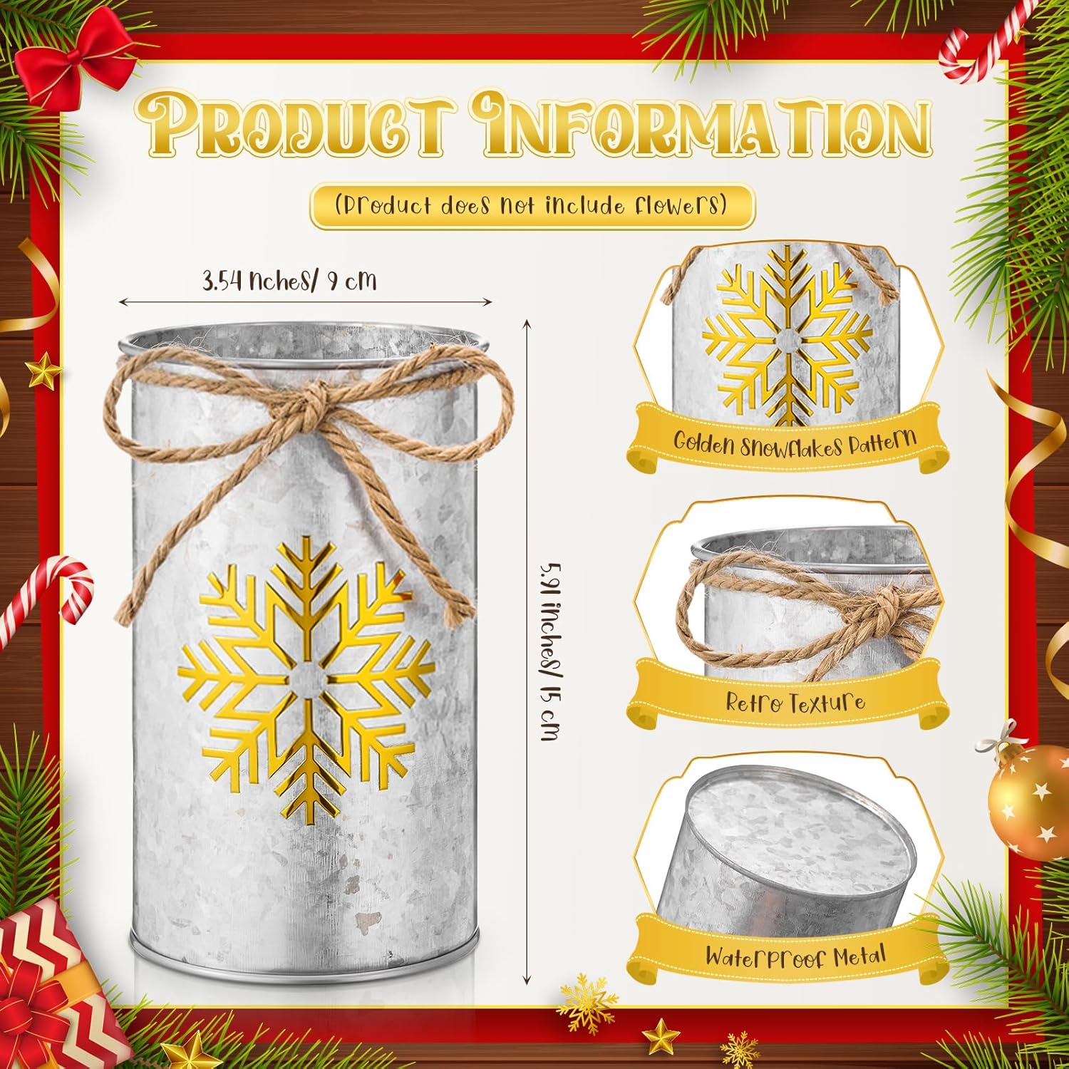 Domensi 6 Pcs Christmas Table Centerpieces Gold Snowflake Vases Decor Rustic Farmhouse Galvanized Metal Vase for Flower Mason Jar Utensil Holder for Home Kitchen Office Xmas Holiday Winter Decorations