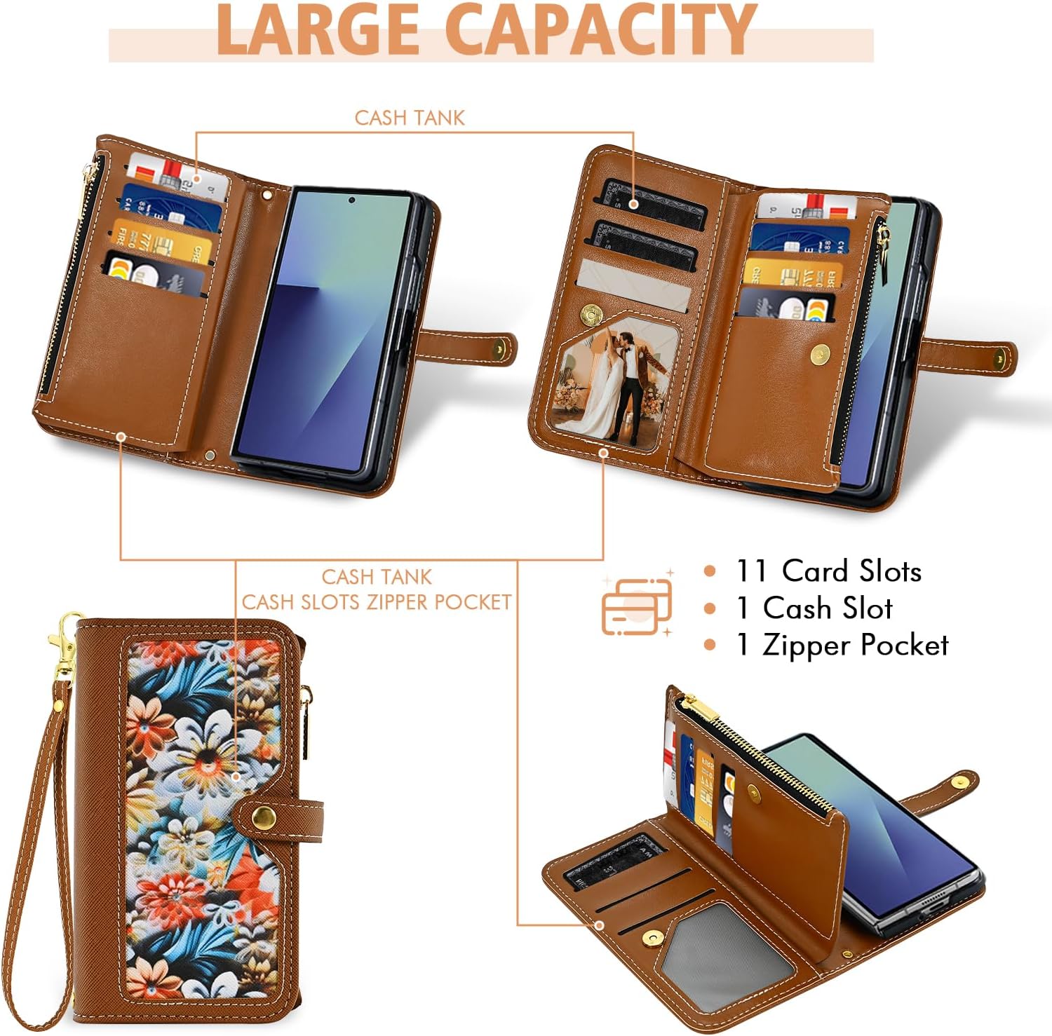 Floral Wallet Case for Samsung Galaxy Z Fold 7 & Wrist/Shoulder Strap Flip Zipper Purse, Luxury PU Leather Credit ID Card Holder Stand Accessories Cell Phone Cover for ZFold Z7 G Fold7 7Z Brown