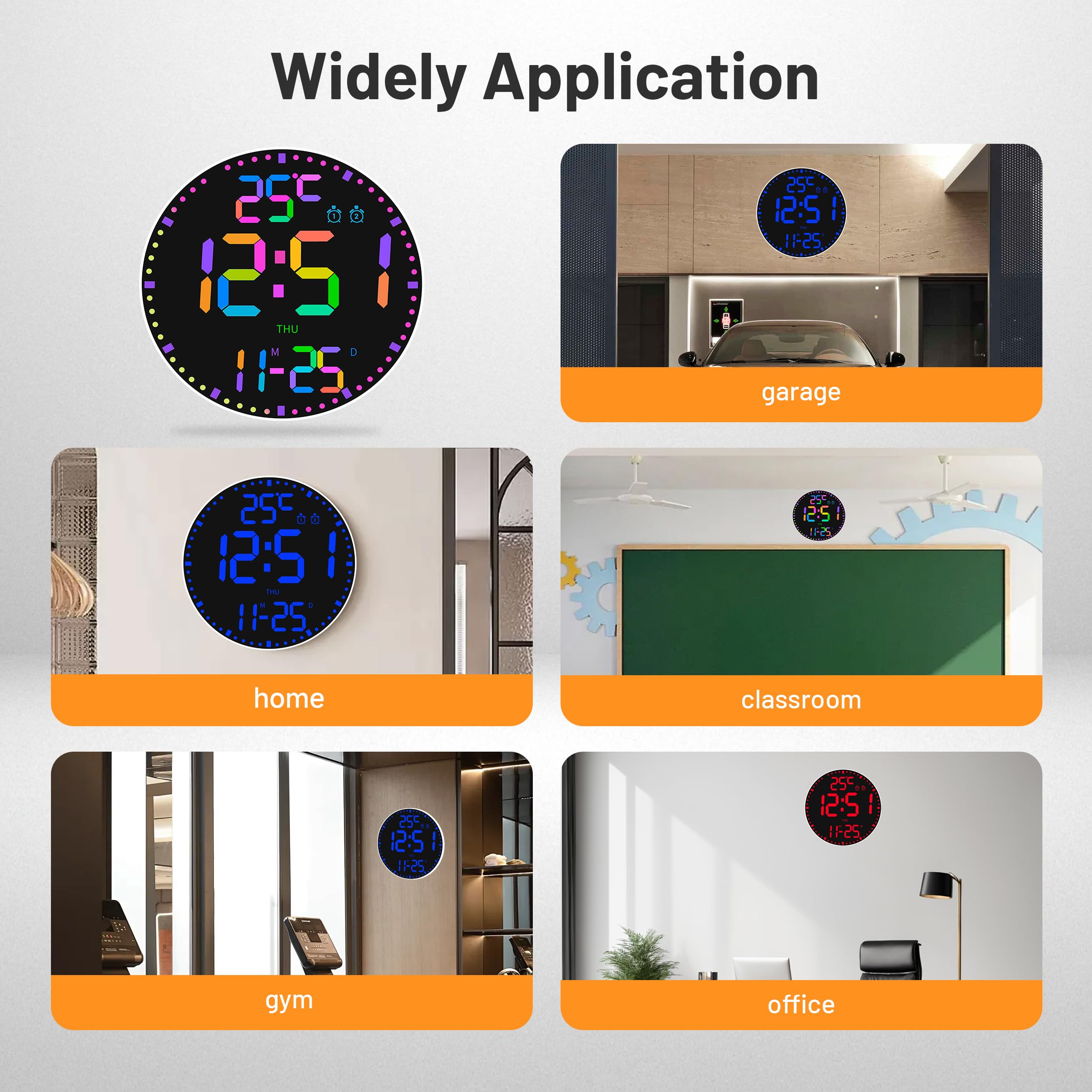 Groß Wanduhren Digital Rund, 30 cm/11.6" LED Bildschirm, 12 RGB-Farben, Große Digitale Wanduhr mit Fernbedienung, LED Wanduhren, Automatische Helligkeit, Wecker