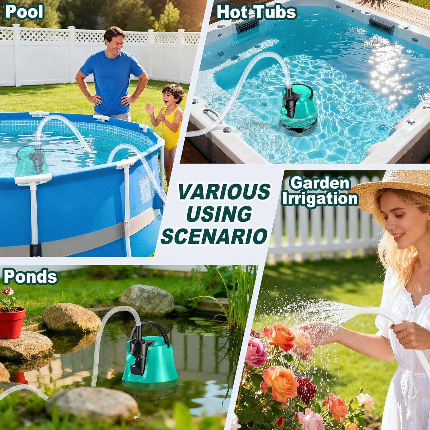 RovPool Sump Pump Submersible, Pool Cover Pump Above Ground with Adjustable Flow, Portable Electric Water Removal Pump with 10ft Hose, 4 Adapters Water Pump for Pool Draining,Fish Tank,Pond, 950GPH