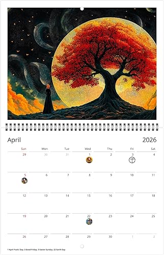 Miniatura 8 de Calendario de pared del árbol de la vida 2026 - Encantadores diseños místicos con festividades (clásico de plegado medio, grande de 11 x 17 pulgadas)