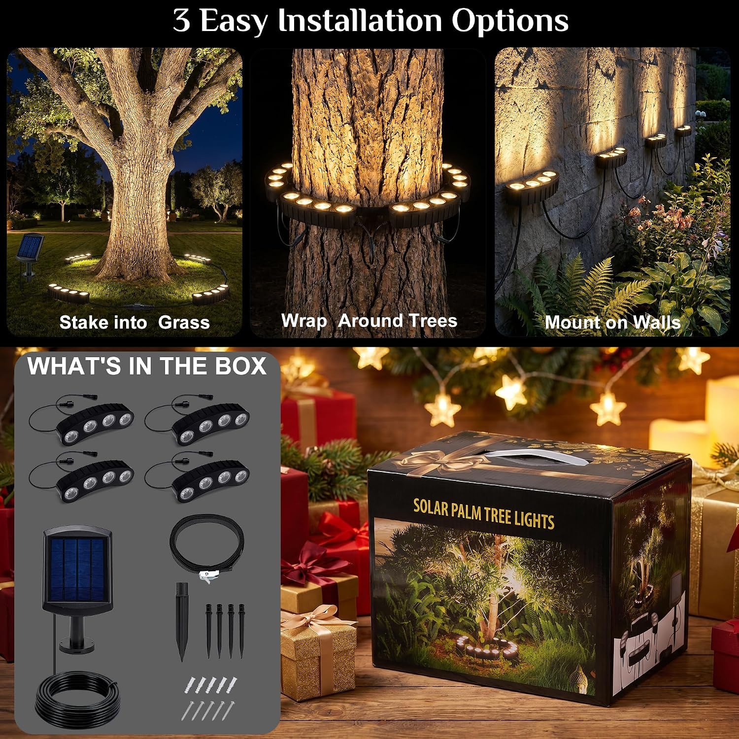 Sublume Luces solares de palmera para exteriores, 2000 mAh, luces ascendentes de paisaje brillante para árbol grande, IP65 impermeable, focos LED de instalación 2-1 con batería mejorada para jardín
