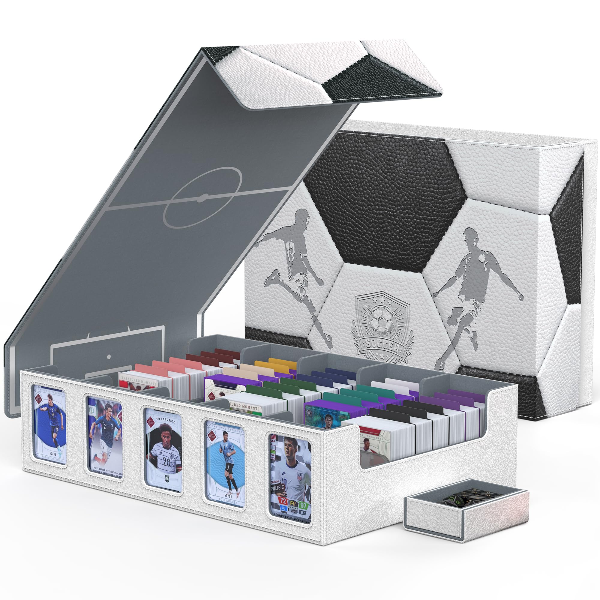 Kabinka Soccer Card Storage Box with Window Display, 5-Row Sport Card Storage Box, 3900+ Card Deck Box for Soccer Sports Card TCG, 5 Top Loaders, 5 Stoppers, 48 Dividers, 1 Dice Tray (Soccer 1)