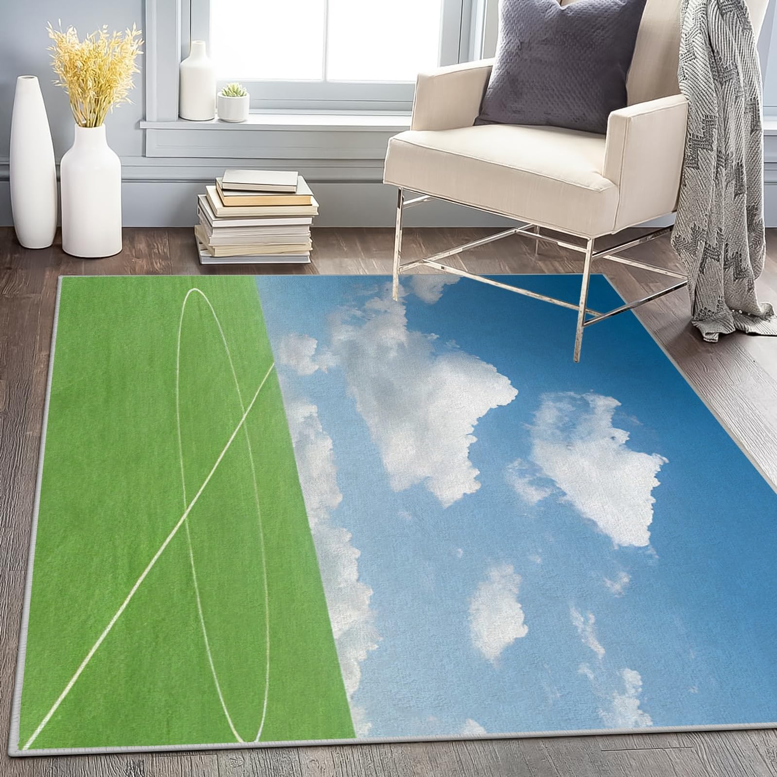 Teppich Quadratisch 150x150 FußBallfeld Teppich Kurzflor Waschbar in Waschmaschine FußBall Teppich Gegend rutschfest Dünn Saugfähig für Wohnzimmer Schlafzimmer Küchen