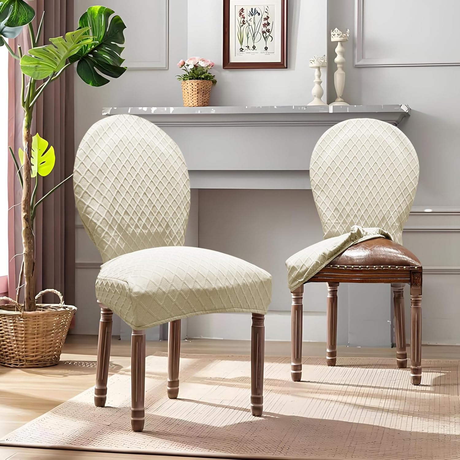 Large Round Back Dining Chair Slipcovers, Set of 4/6 Stretch Dining Chair Covers for Kitchen Dining Room Chair Seat Protectors (6, Beige, Large)