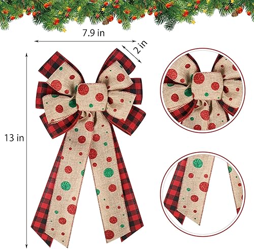 Miniatura 7 de Lucleag 4 lazos de corona de Navidad, 7.9 x 13.0 pulgadas, lazo de Navidad de lino con copos de nieve a cuadros grandes para decoración de Navidad,