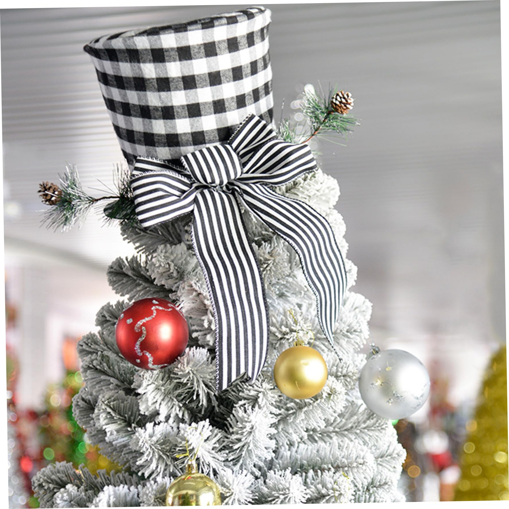 Jorzer Chapeaux de Noël pour sommet de sapin de Noël - Chapeau à carreaux noir et blanc avec nœud et ressort compressible - Ornements pour fête à la maison