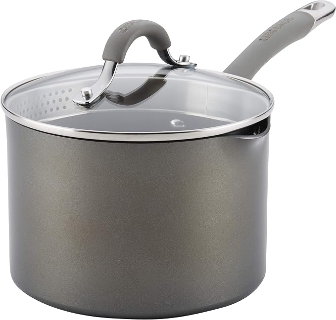 Circulon 84567 3-Qt.Covered Straining Pour Spouts Hard Anodized Aluminum Saucepan, 3 quart, Oyster Gray