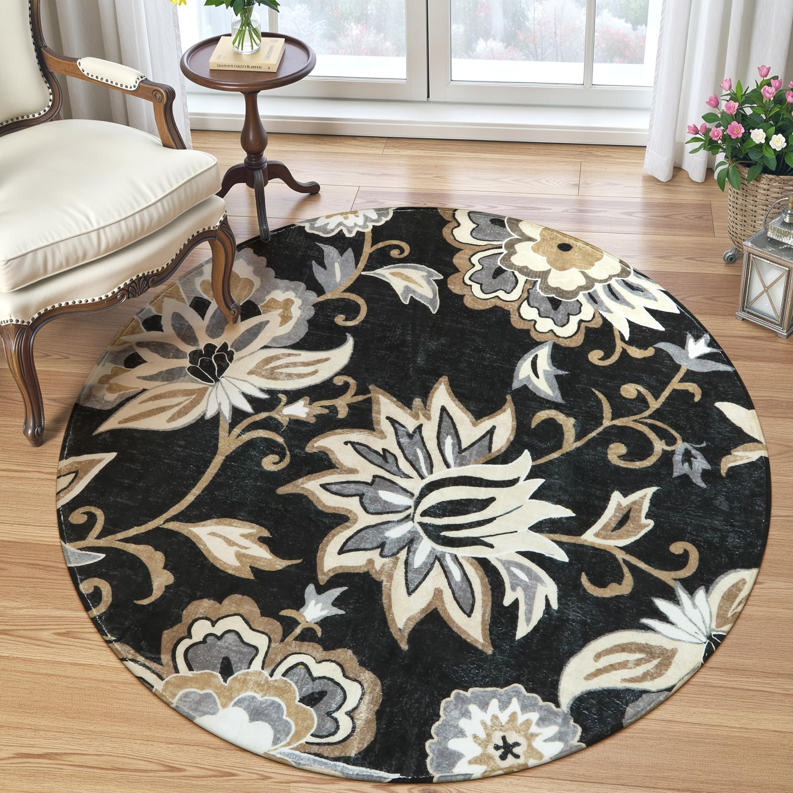 Lahome Floral Black Round Rugs - 3Ft Washable Round Area Rug Non-Slip Small Entryway Throw Soft Bedroom Circle Carpet Paisley Print Accent Distressed