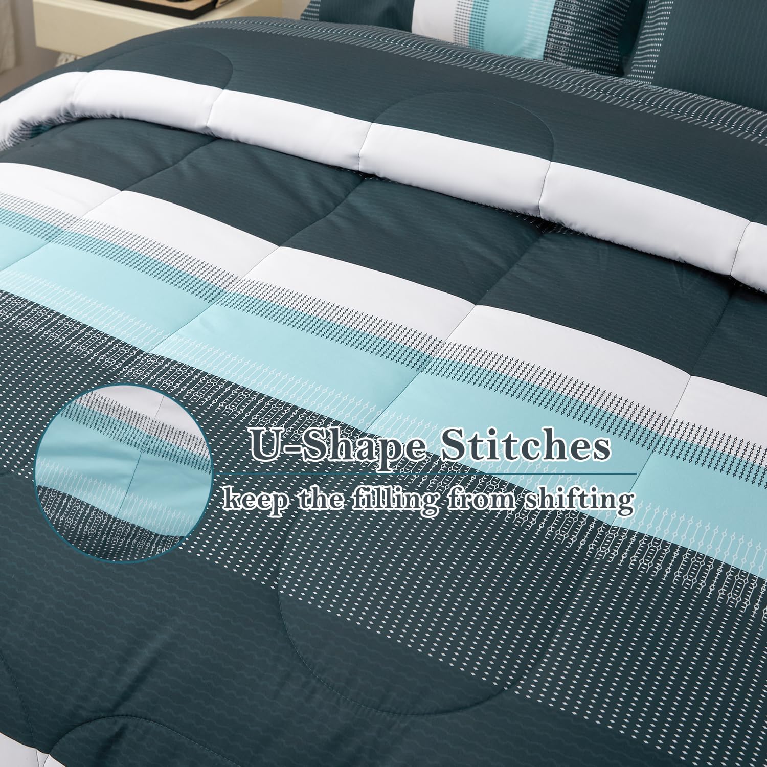 PERFEMET Queen Size Green Stripe Patchwork Comforter Set 3 Pieces Bedding Set All Seasons Masculine Bedding for Men Teen Boys Elegant Bedroom Decor