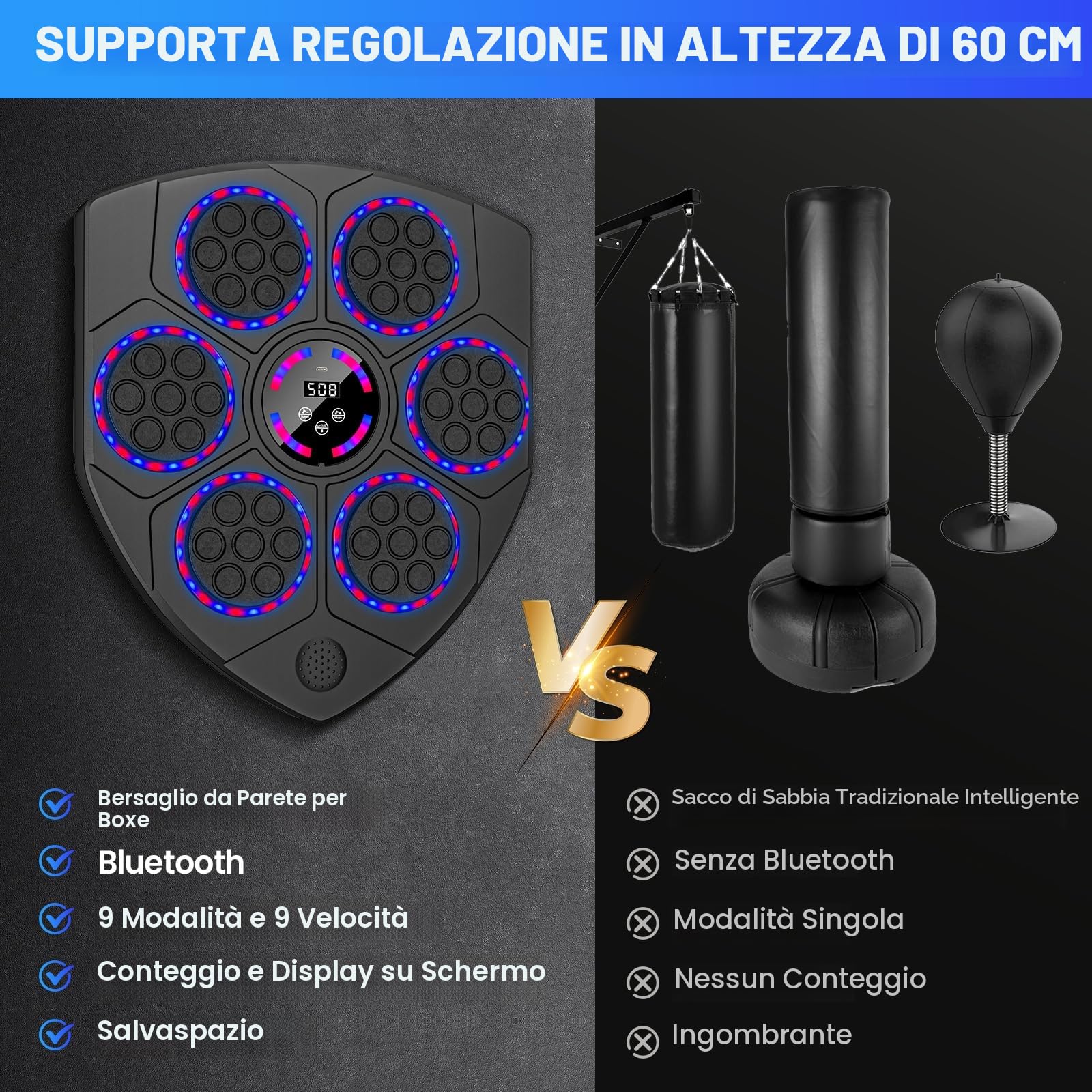 EagerMinds Music Boxing Machine, LED Macchina da Boxe Musicale con 9 velocità, 9 modalità di Allenamento, Conteggio Intelligente, modalità Bluetooth, Boxe Elettronico da Parete per Adulti e Bambini