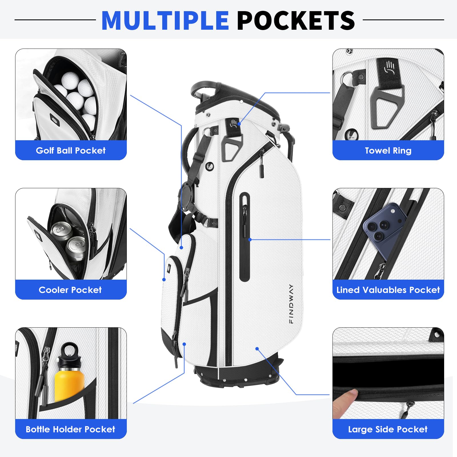 Findway Golf Standbag mit 5 Fach Unterteilung, 7'' Golfbag mit gepolstertem Doppelschultergurt, 5 Taschen, Regenhaube, Leichte Golftasche mit Ständer für Herren und Damen, Geschenk für Golfer