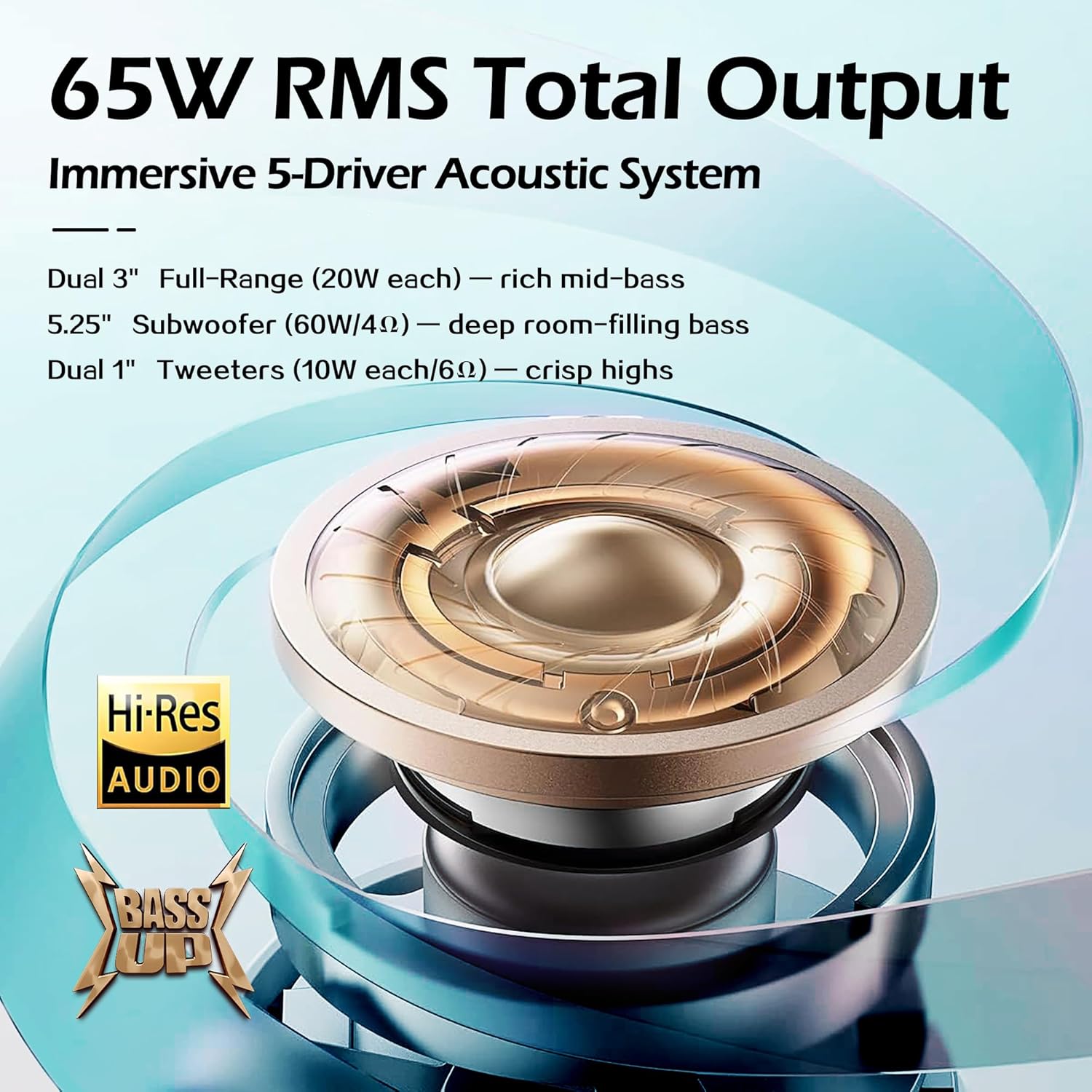 LED Smart Floor Standing Bluetooth Speaker with Wireless Charging, 65W HiFi Sound System, RGB Lights, Round Tempered Glass Touch Panel, USB/Type-C/AUX Ports, Modern Design, Beige