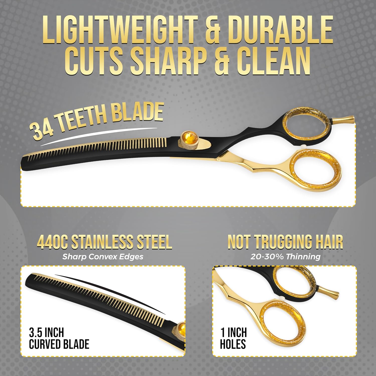 ZAVRIX Professional Dog Grooming Scissors – 7.5” Curved Thinning Shears with 34 Teeth, Pet Chunkers for Dogs & Cats, Premium 440C Stainless Steel Grooming Tools (Golden Black Curved Thinning Scissor)
