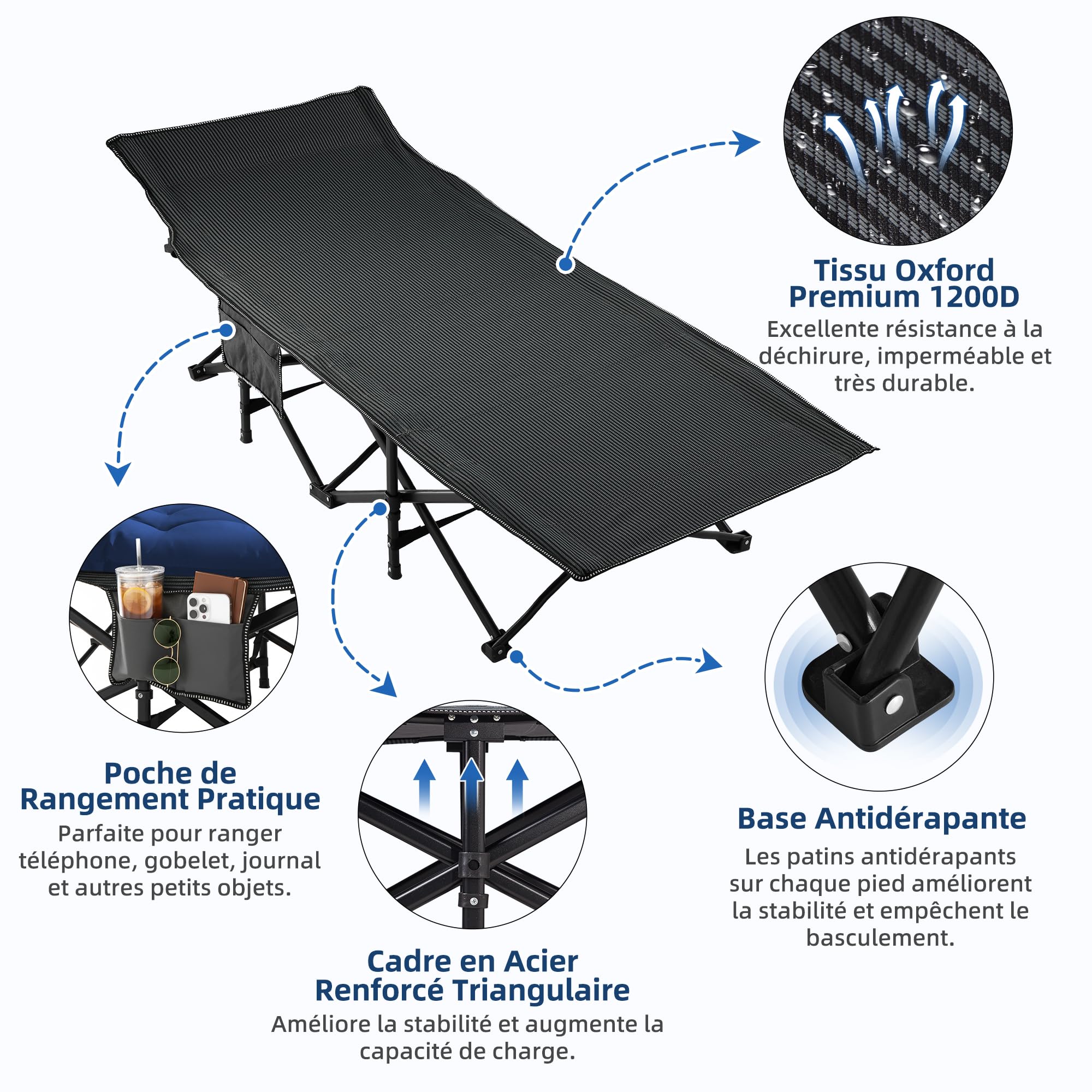 Palawano Lit de Camp Pliable Adultes avec Matelas, Sac de Transport, Bain de Soleil Supportant Jusqu’à 150 KG, Chaise Longue Pliante Camping Robuste pour Invités, Bureau ou Voyage
