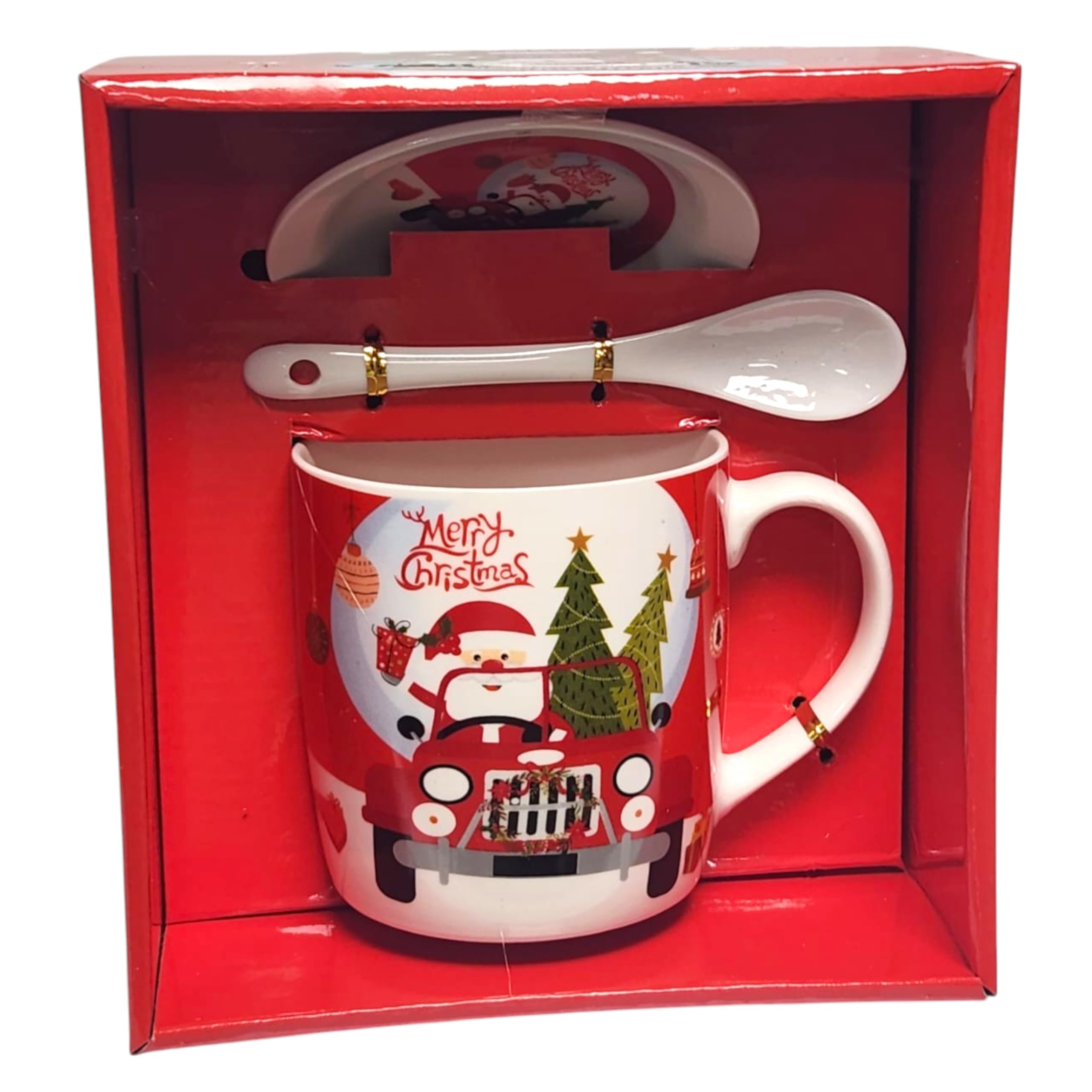 Divas World Luxury Christmas Ceramic Mugs with Lid and Spoon, 3D Novelty Santa, Reindeer, Sleigh Prints, Gift Box Set (HK2174B3)