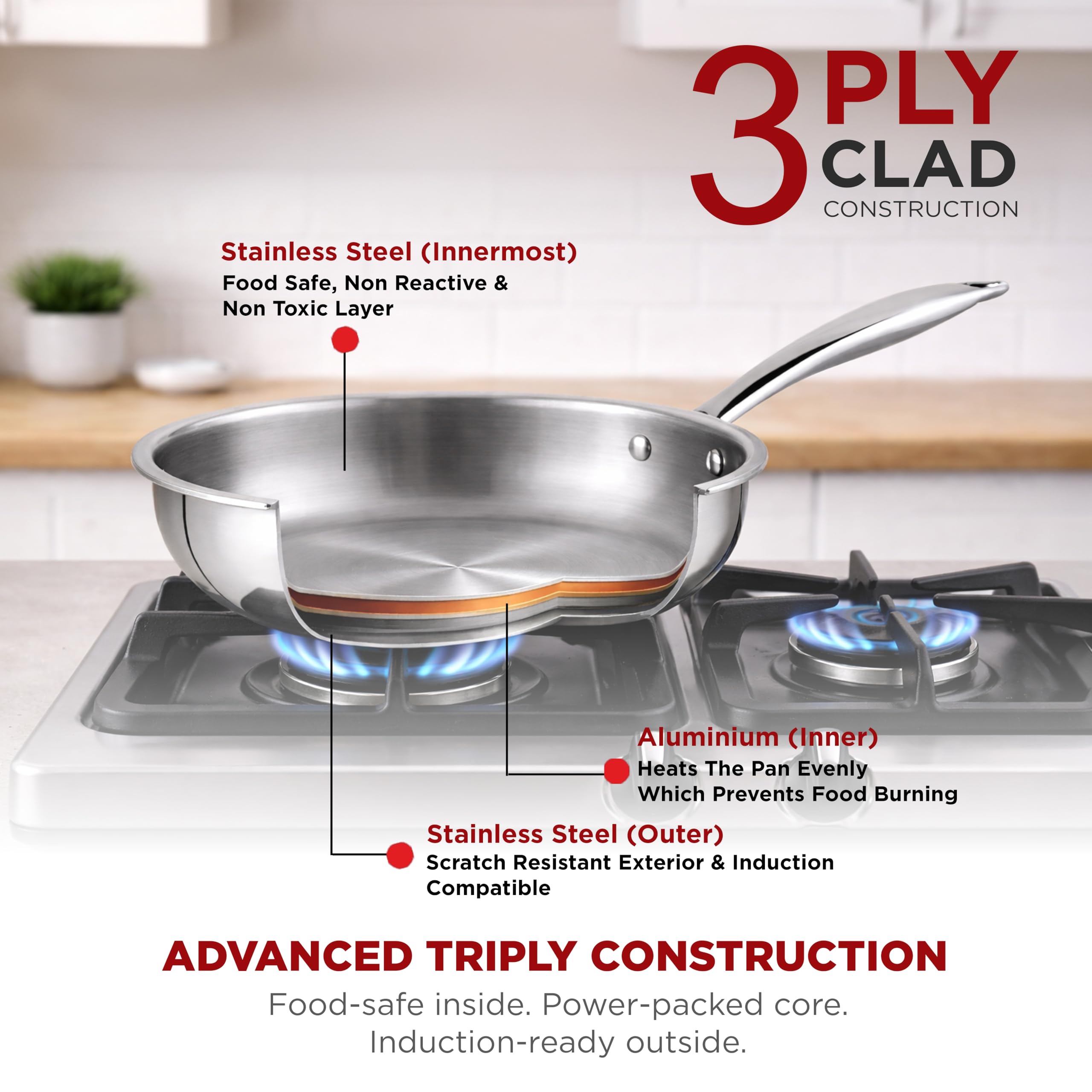 PNB Triply Stainless Steel Frypan with Tempered Glass Lid | 23 cm 2.5 Litre | 3-Ply Induction Gas Compatible | PFOA Free Healthy Cookware | 5 Year Warranty | Family Frying Pan for 3-4 Persons — Amazon image 3