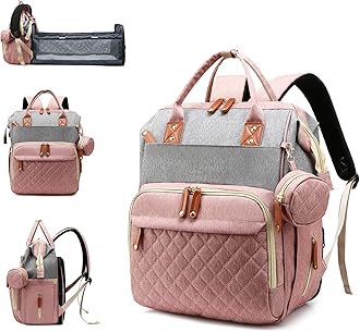 Lamroro Diaper Bag with Changing Station, Waterproof 3 in 1 Baby Diaper Backpack with Foldable Changing Pad, Pink-Grey