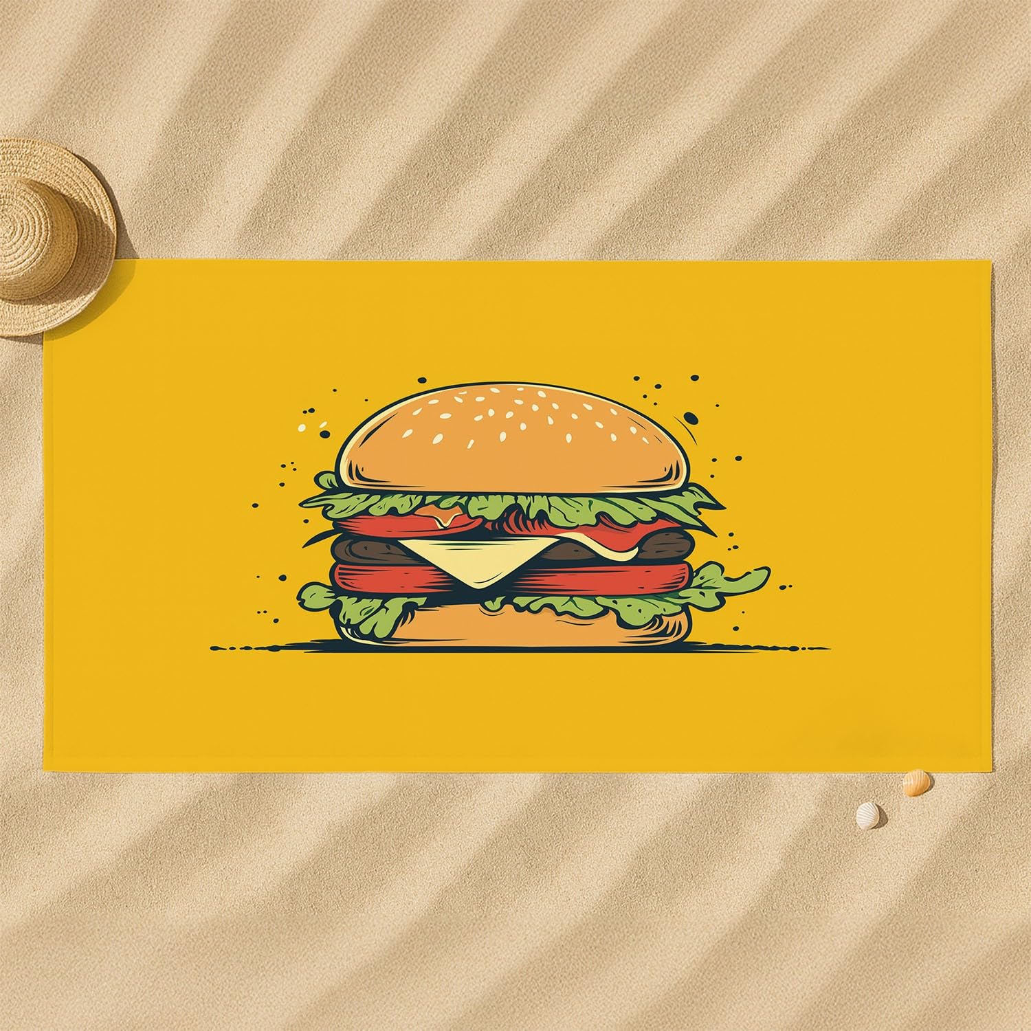Générique Grande Serviette de Plage 180 x 100 CM,Drap de Plage Microfibre,Couverture de Plage Absorbante Rapide pour Amusant, Flat-Lay, Nourriture Cheeseburgers