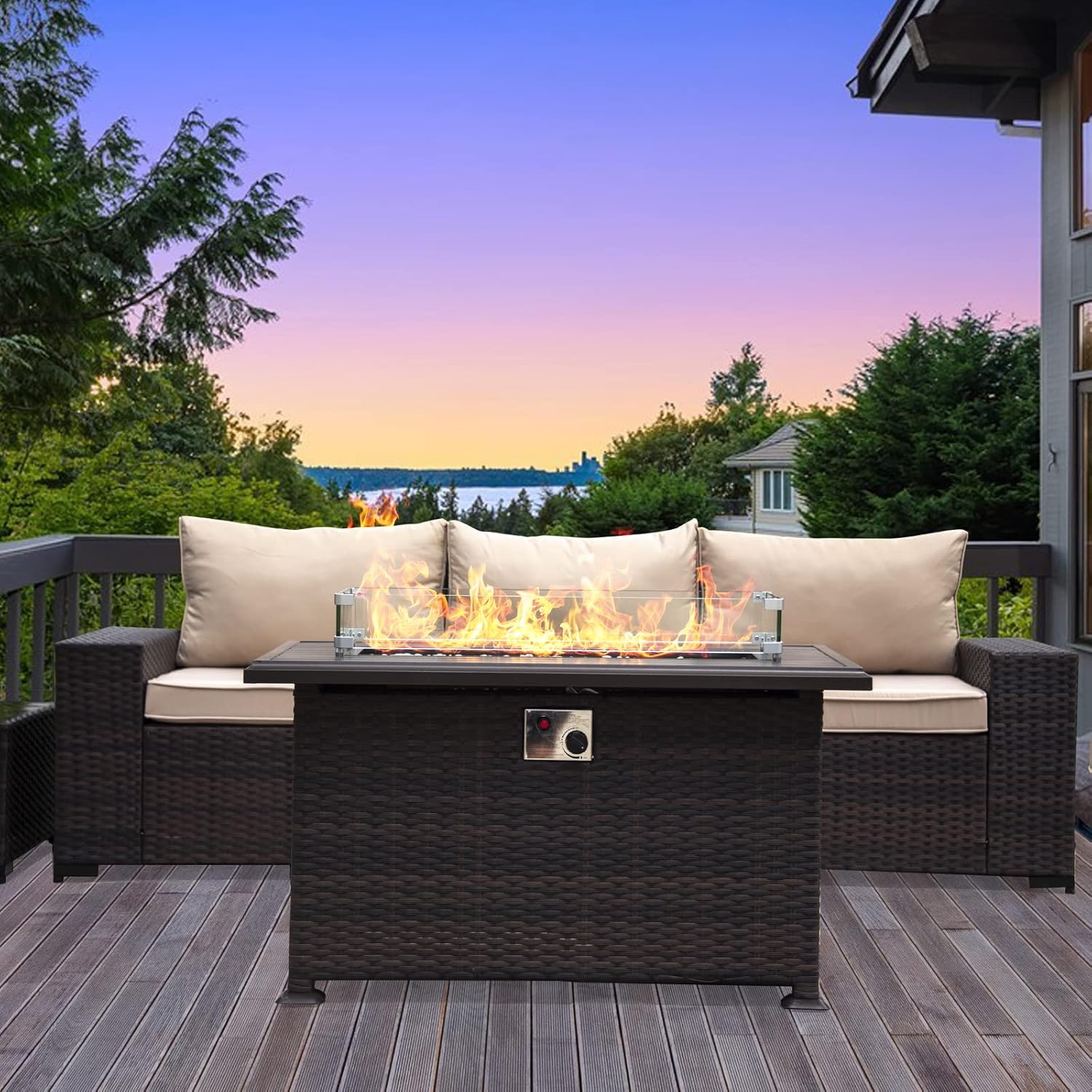 43" Propane Fire Pit Table 55,000 BTU, Gas Fire Pit with Glass Wind Guard and Metal Lid,CSA Certification Outdoor Fire Pit Auto-Ignition