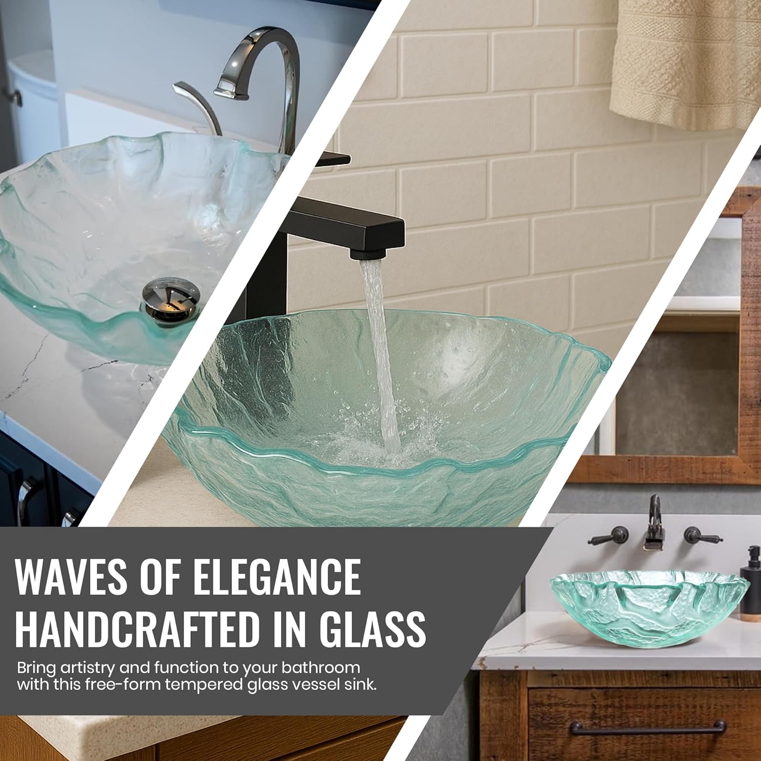 Eden Bath Clear Free-Form Wave Rim Round Glass Sink Bowl Bathroom Vessel Sink for Vanity Top