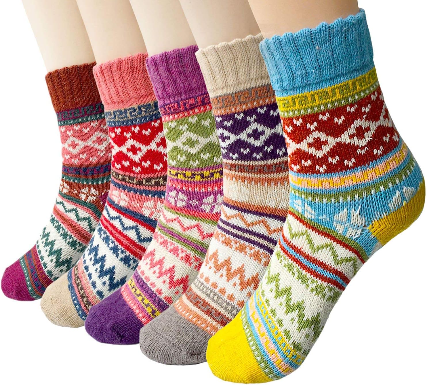 Justay 5 Pairs Wool Socks for Women - Winter Thick Boot Cozy Crew Vintage Soft Calf Knit Warm Socks Gifts