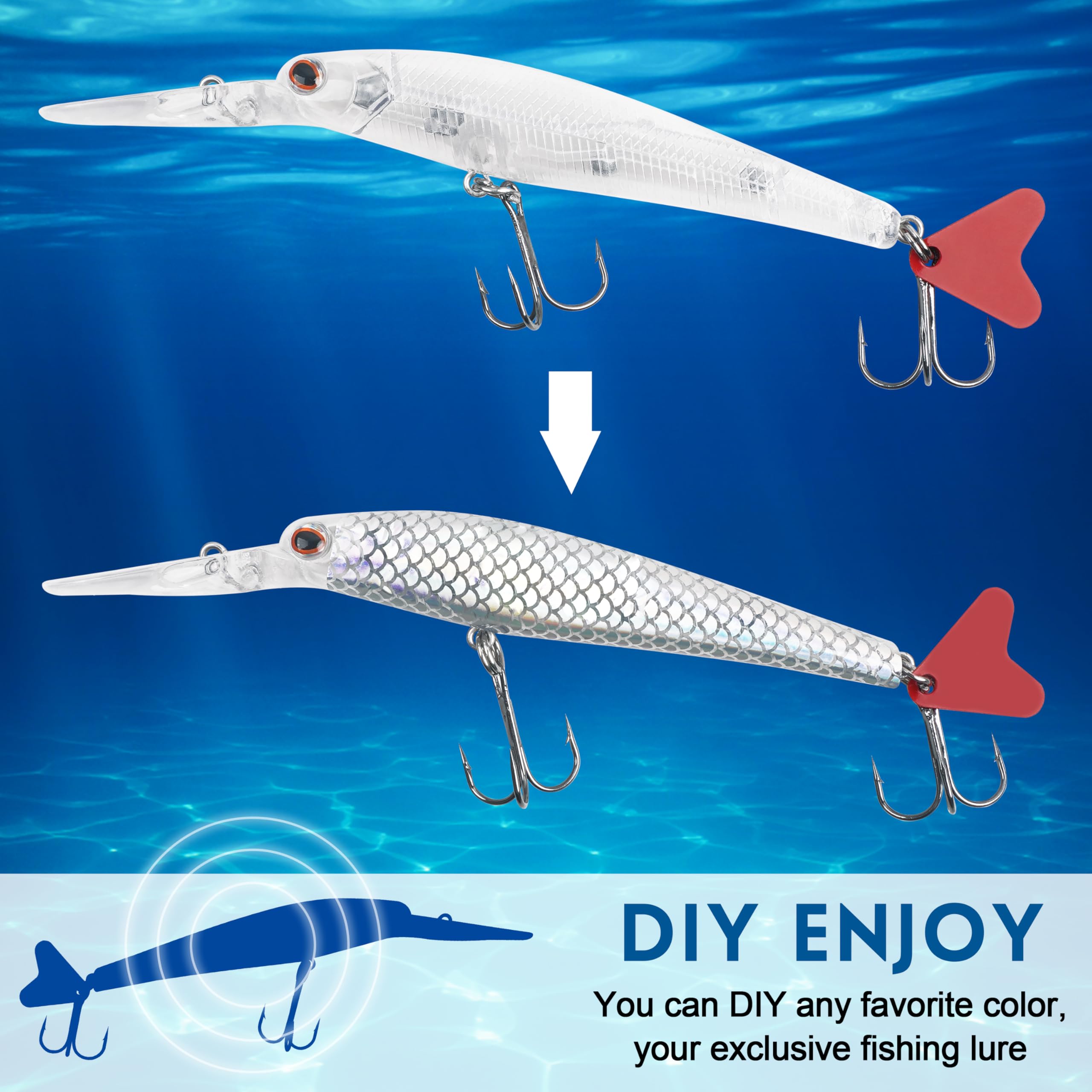 Kit de fabrication de leurres de pêche non peints - Leurres vierges - Avec hameçons triples - Anneaux fendus - Autocollants pour faire vos propres leurres de pêche
