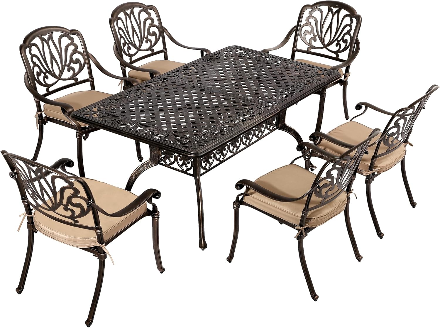 TITIMO 7-Piece Cast Aluminum Patio Dining Set, Outdoor Dining Furniture Patio Conversation Set, Rectangular Table w/Umbrella Hole for Backyard Deck Poolside (Khaki-Fixed Elizabeth Chair, 7 Pcs)