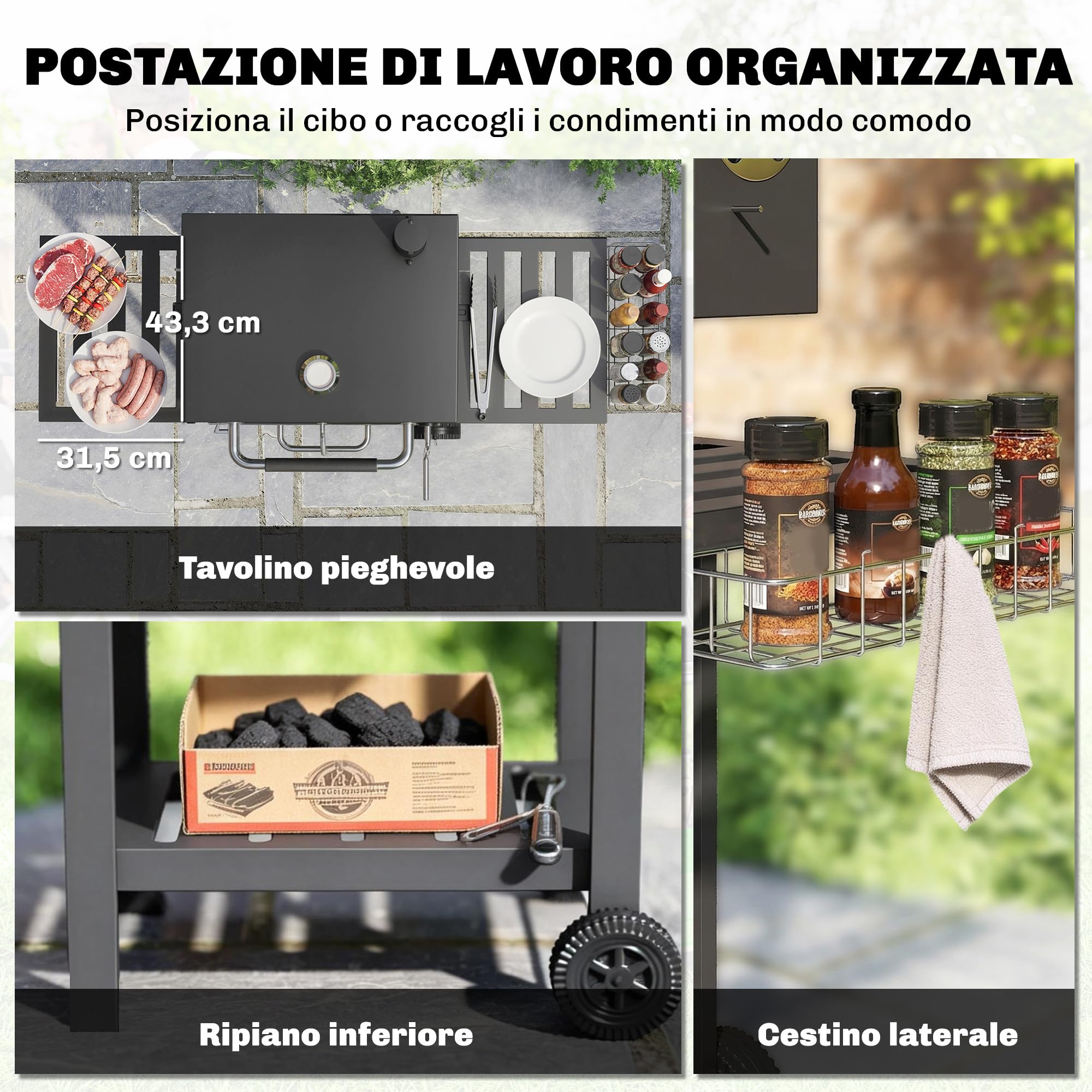Outsunny Barbecue Carbonella con Griglia, Sfiati Vasca Carbone Regolabile, Carrello BBQ Barbecue Portatile con Coperchio, Ripiani Pieghevoli, Termometro, Cestino, Ganci, Ruote, per Campeggio, Nero