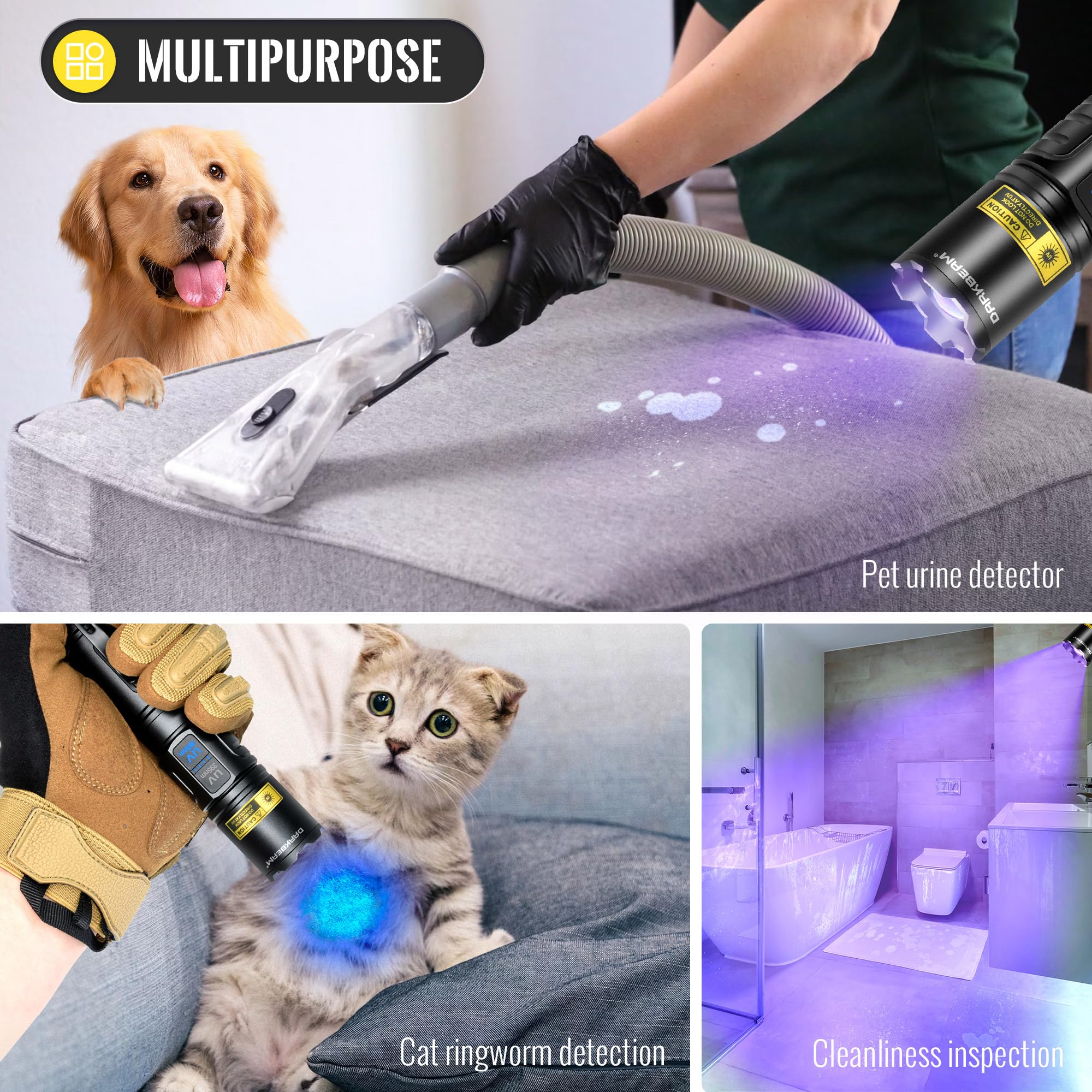 DARKBEAM Latarka UV Blacklight 365nm & 395nm Podwójne Czarne światło, Latarki LED USB ładowane Potężna Ultrafioletowe Woodsche Lampa moczu zwierząt domowych do szkła uranowego, utwardzania żywicy