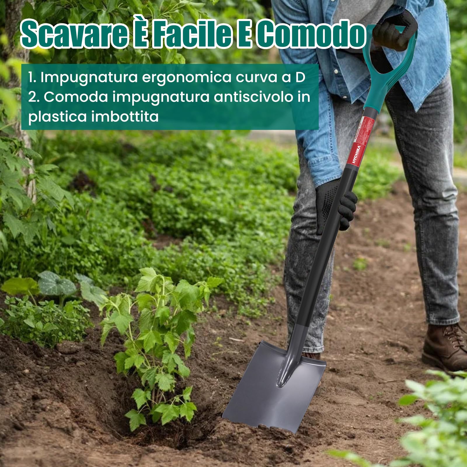 HYCHIKA Pala da Giardino Picco, Vanga da Giardinaggi, Pala da Scavo, Acciaio Temprato di Alta Qualità, Manico Ergonomico Impugnatura a D, per Piante, Agricola, Diserbo, Spalatura Neve