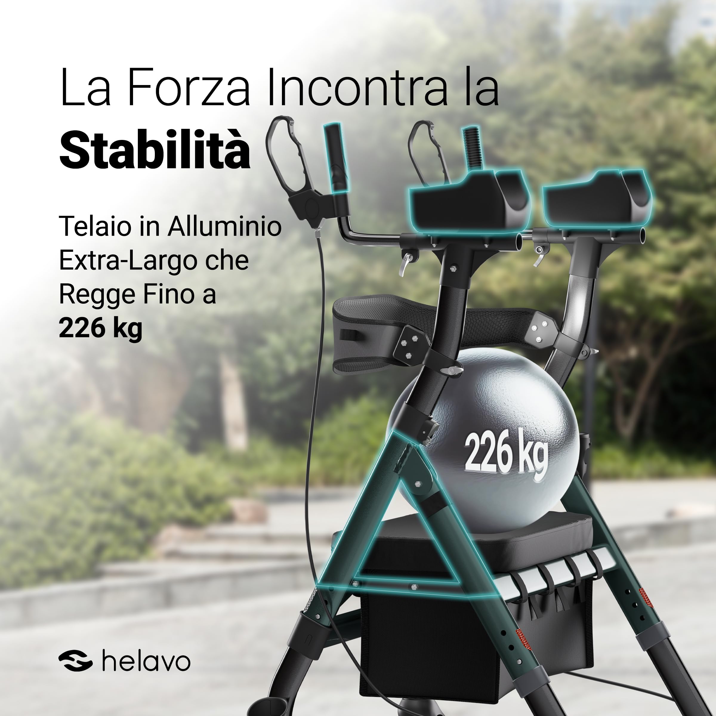 Helavo Deambulatore Antibrachiale Bariatrico per Anziani con Ruote 8" Antiforatura - Deambulatore Alto con Seduta Larga Pieghevole - Rollator Extra Large con Appoggio Avambracci - Portata 226 kg H1360
