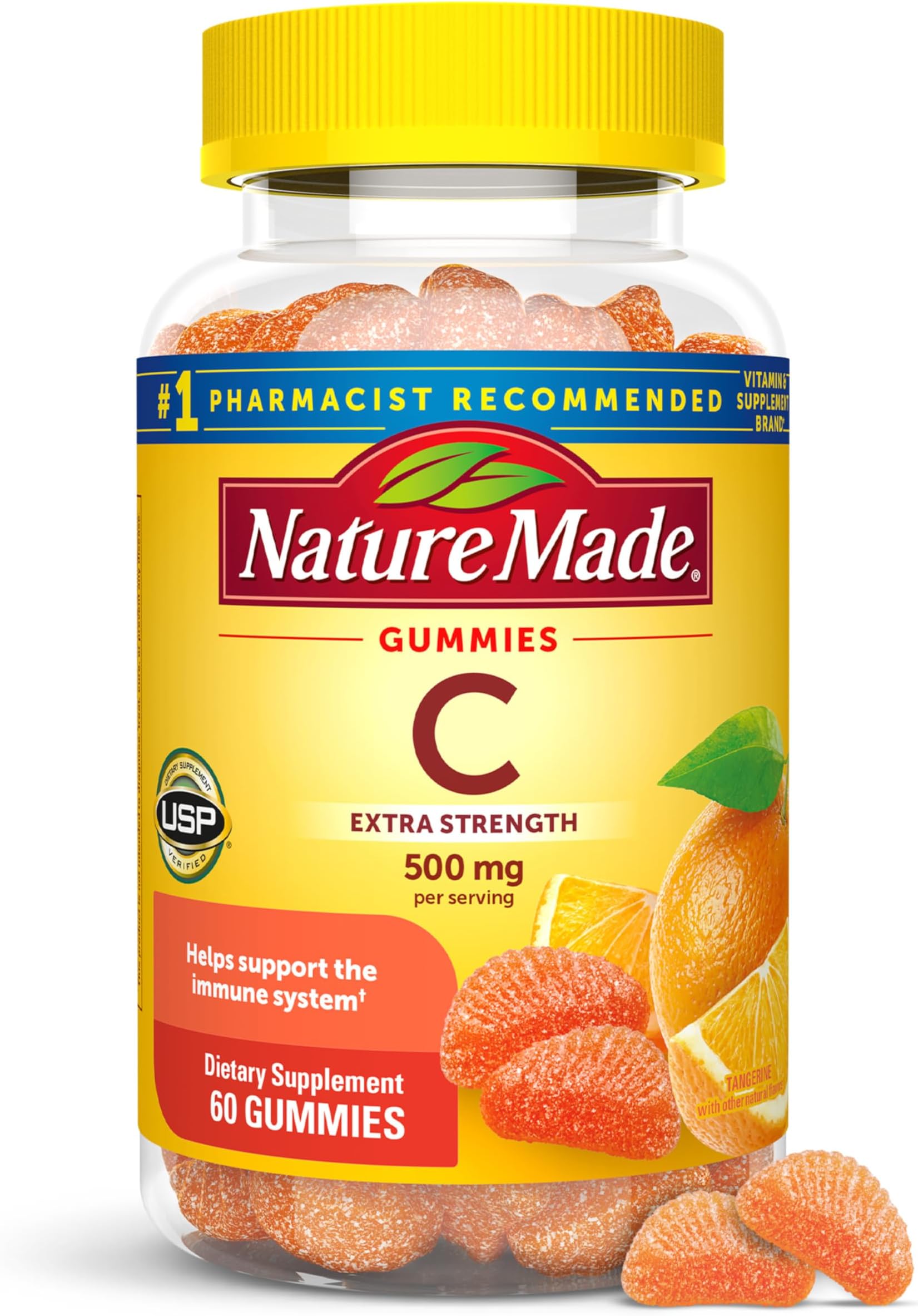 Extra Strength Dosage Vitamin C 500 mg per serving, Dietary Supplement for Immune Support, 60 Gummies, 30 Day Supply