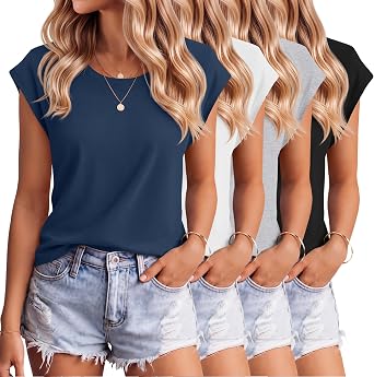 4 Pack Women Cap Sleeve T Shirts | Crewneck Casual Tops, Basic Tees, Summer Loose Fit Shirts, Soft Daily Wear, Comfort Blouses, Easy Everyday Outfits