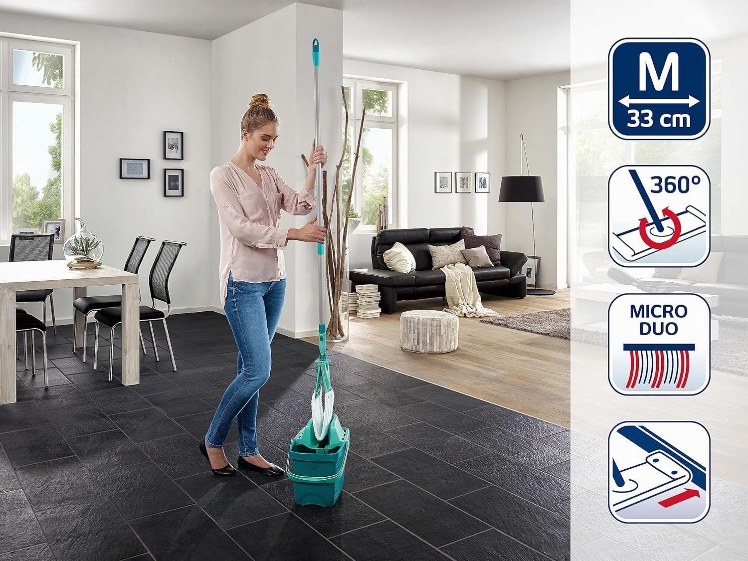 Leifheit Set Combi Clean M, seau et balai essoreur faciles d'utilisation, balais serpillière avec mécanisme d'essorage intégré, kit de lavage sol vert 55356