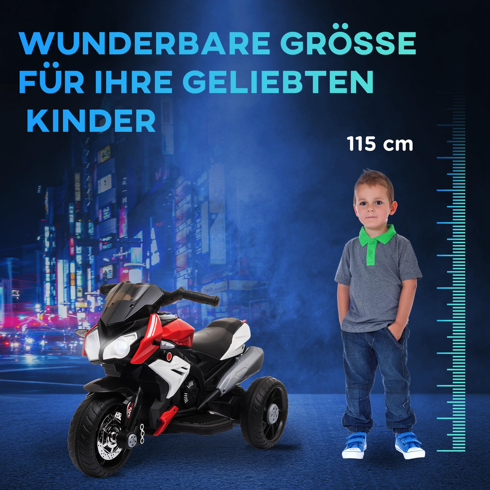 HOMCOM Elektro Kindermotorrad Elektromotorrad mit Musik, Scheinwerfer, Kindermotorrad 3 km/h, für Kinder von 3-5 Jahren, max. 25 kg, Rot+Schwarz