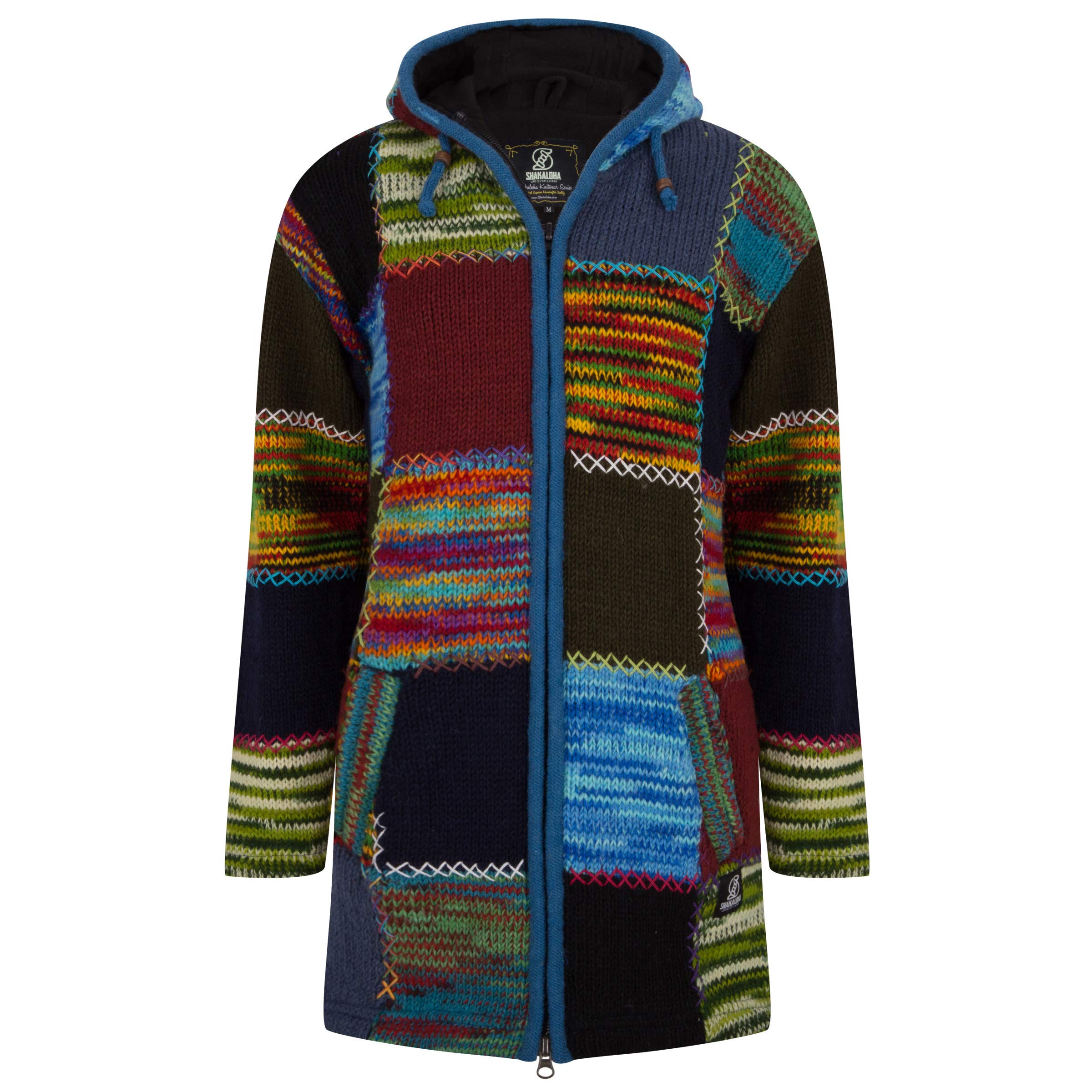 Lange Wollmantel Patch Strickjacke mit Kapuze - SHAKALOHA - W Longpatch Multi Blau Rot Mantel für Damen - im fairen Wettbewerb in Nepal hergestellte Wolljacke mit fleecegefütterter Kapuze.