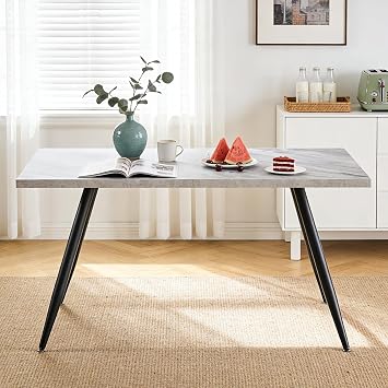 150cm Dining Table White Marble Effect Top for 4-6 People Kitchen Table with Sturdy Metal Legs Rectangular Shape(150 x 90 x 76)