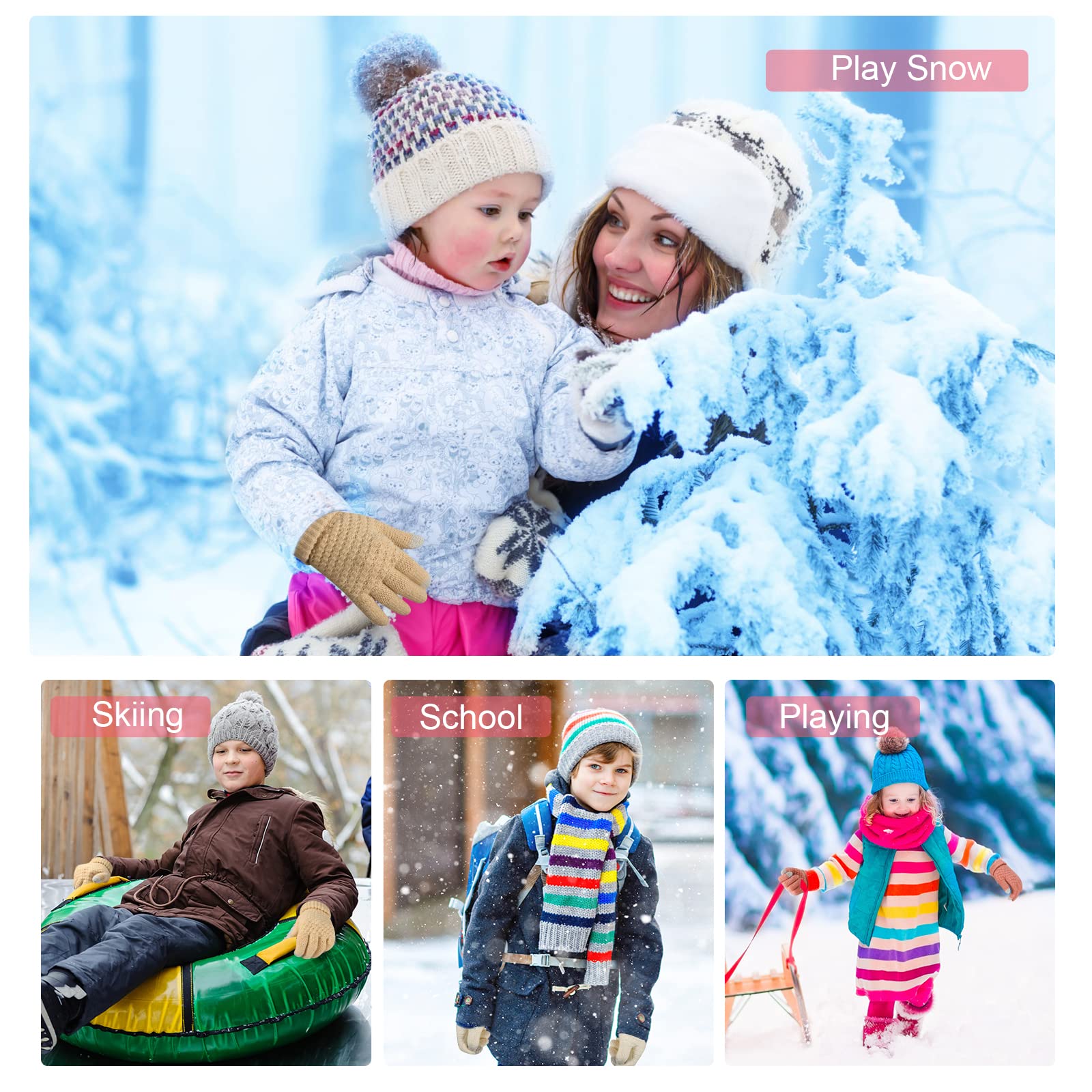 TAGVO Guantes de Punto para Niños Pequeños - 3 Pares de Invierno Con Dedos Completos para 5-15 Años - Elásticos Mitones