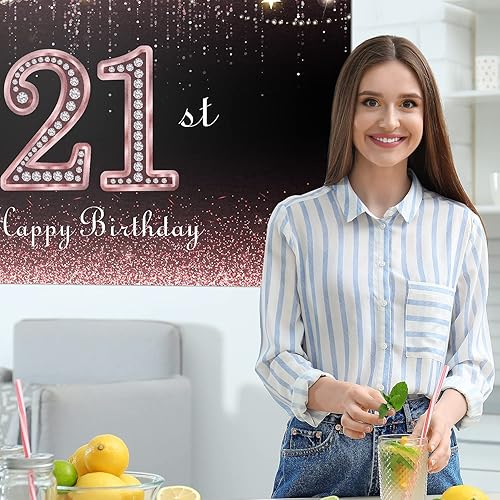 Miniatura 6 de HAMIGAR Fondo de pancarta de feliz cumpleaños 21 de 6 x 4 pies, decoraciones de cumpleaños de 21 años, suministros de fiesta para mujeres, oro rosa