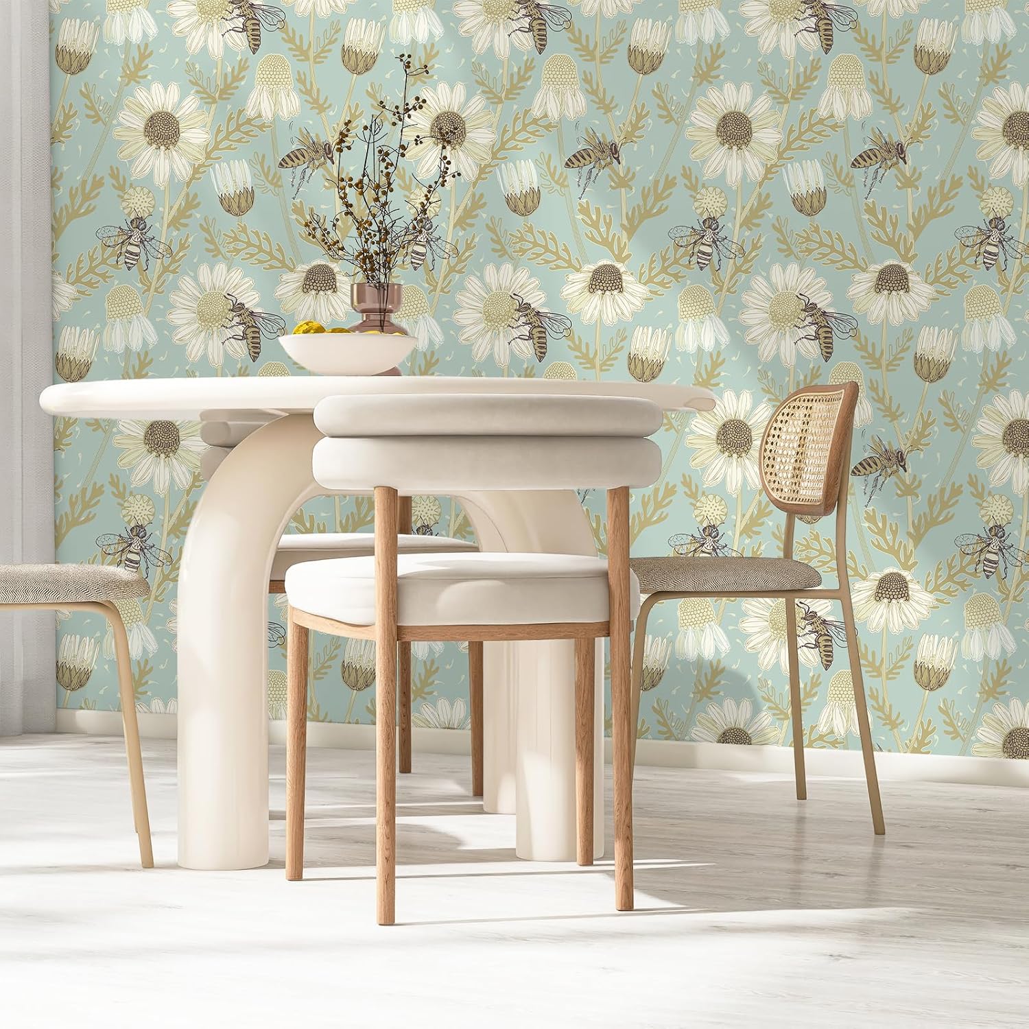 VaryStyle 17.7"x393" Bee Floral Wallpaper Blue/Yellow Daisy Flower Nature Peel and Stick Wallpaper Floral Contact Paper for Cabinets Drawers Renter Friendly Waterproof Vinyl Roll for Nursery Kitchen