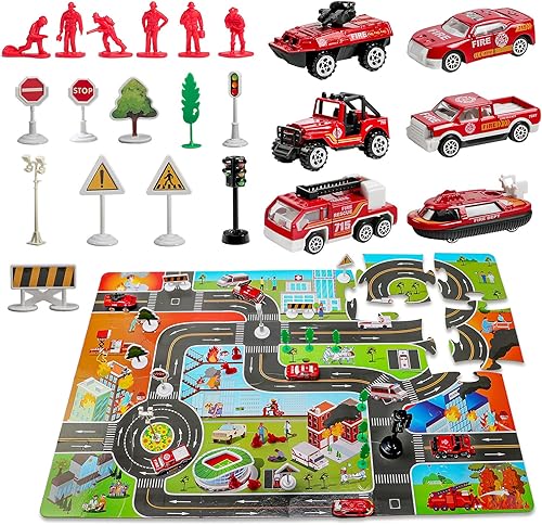 Juego de 6 juguetes de camión de bomberos fundidos a presión paquete de 6 bomberos mini aleación de metal con rompecabezas grande tapete de juego de