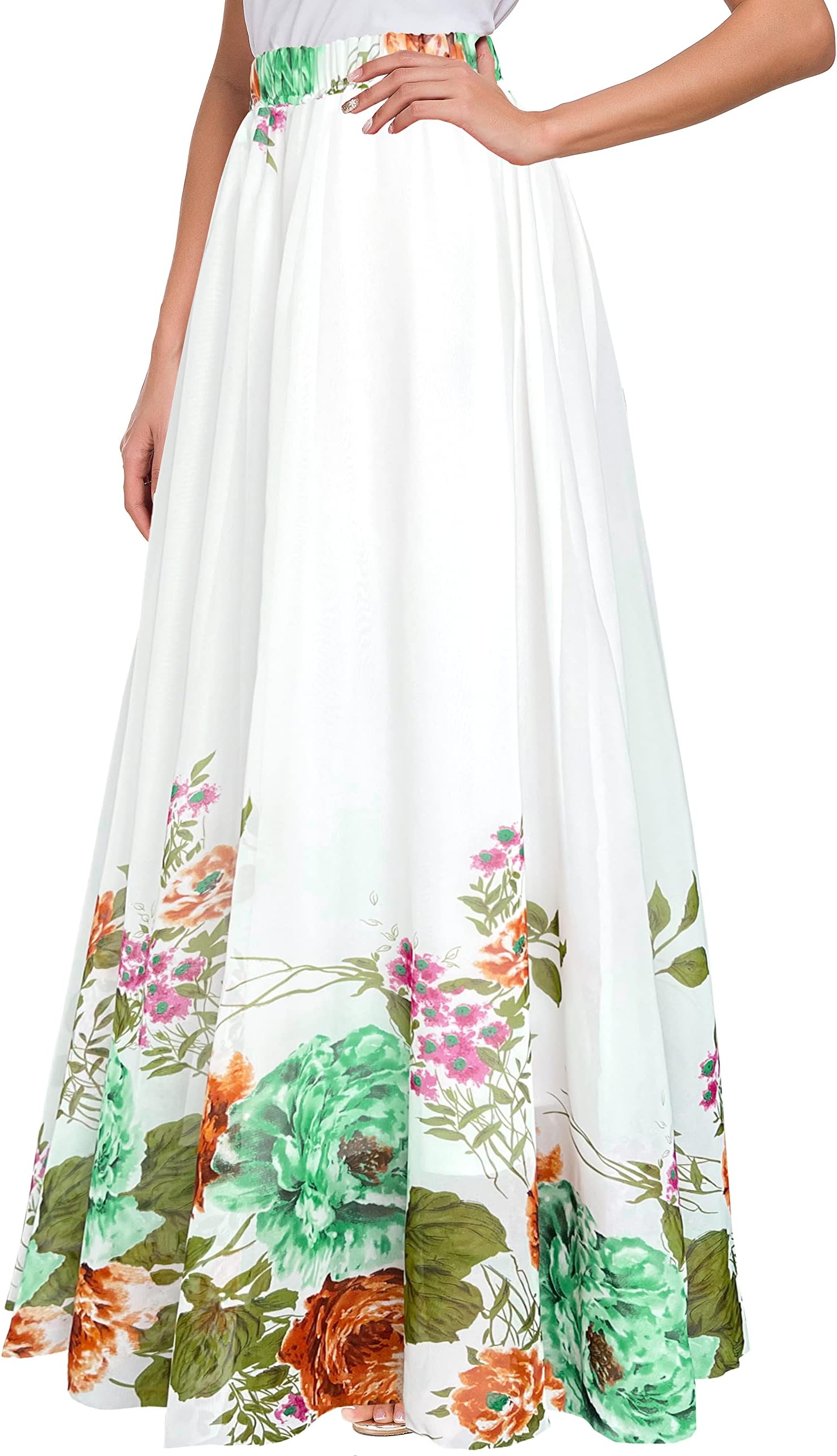 Afibi Women Floral Long Skirts Chiffon Summer Beach High Waisted Maxi Skirts