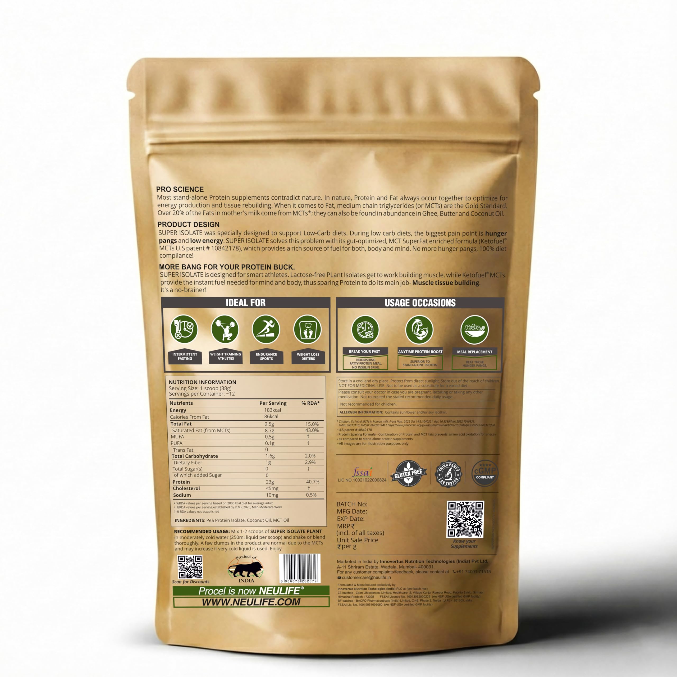 Neulife Super Isolate Plant Vegan Protein Powder – Complete Pea Isolate + Ketofuel MCT, Easy Digestion, Muscle Recovery & Weight-Management, Unflavoured 450 g — Amazon image 2