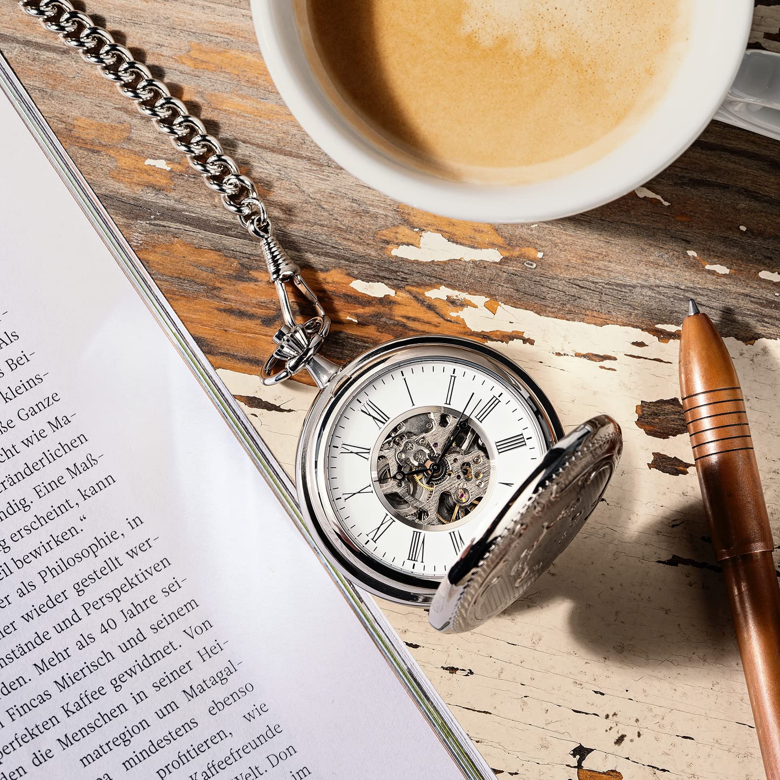 Hermann Jäckle Herren Taschenuhr Wien Silberfarben Skelett 50 mm | Made in Germany, Skelett-Design, Handaufzugswerk, beidseitig offen, inklusive Kette und Reiseetui