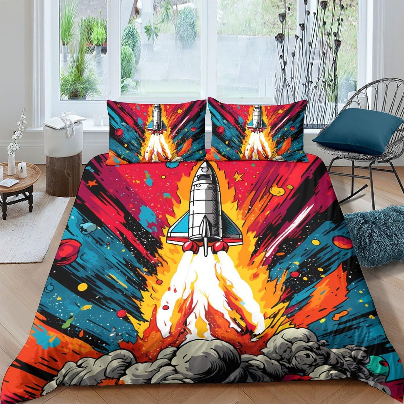 Ctjqhvkz Style-6 3D Printed Rocket Launch Fitted Sheet Microfiber Soft Colorful Space Explosion Mattress Cover For Bedroom Dorm Decor Single（135X200cm）