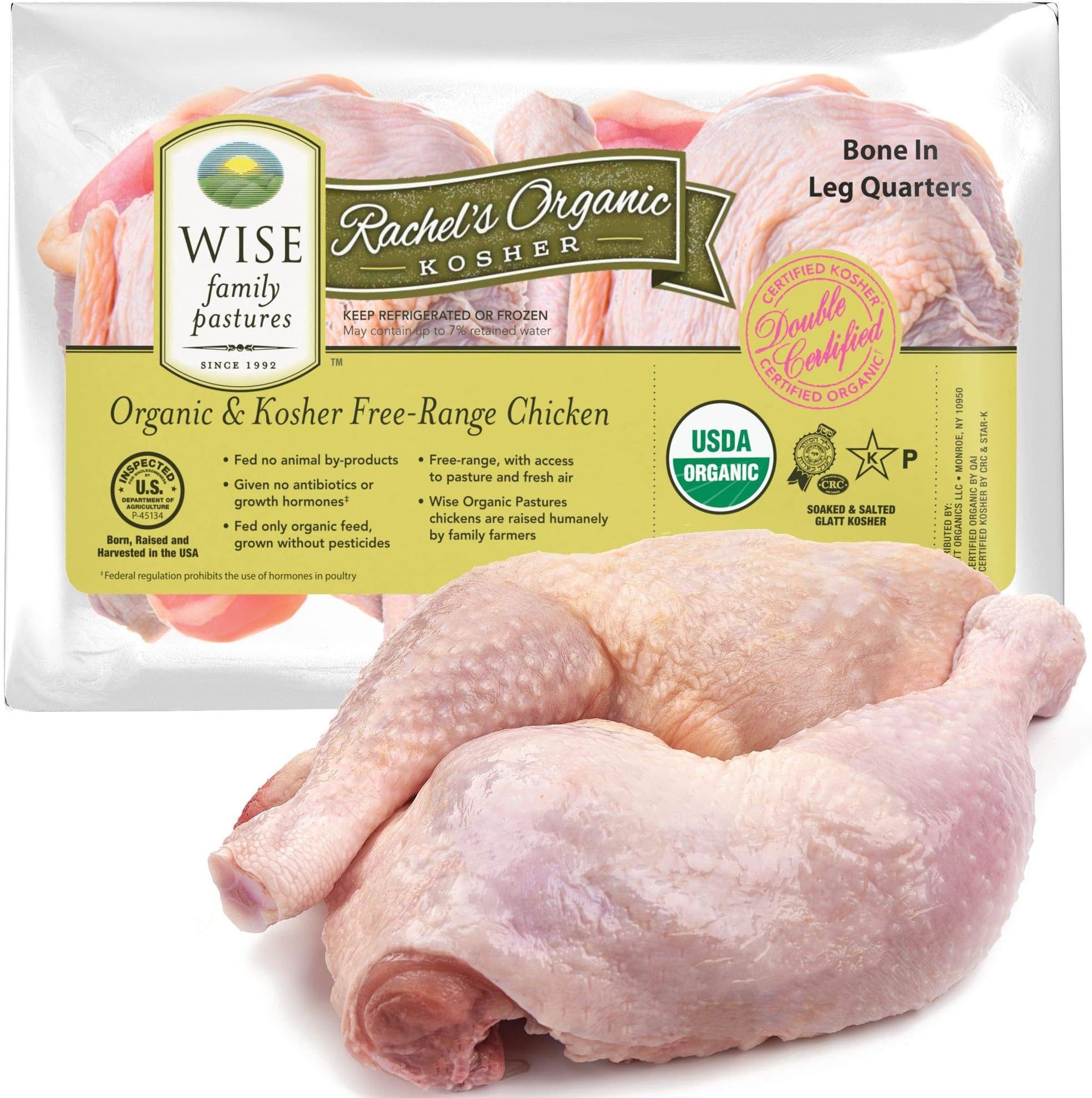 Wise Organics Double Certified Organic Bone-in Skin-on Chicken Leg Quarters, Glatt Kosher, Non GMO, Free Range (8.00-8.50 Pounds, 12 Pcs Approx.)