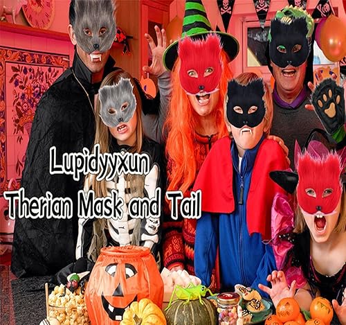 Miniatura 2 de Therian Máscara y cola para niña, gato peludo, zorro, lobo máscara Therian para mujer, disfraz de Halloween