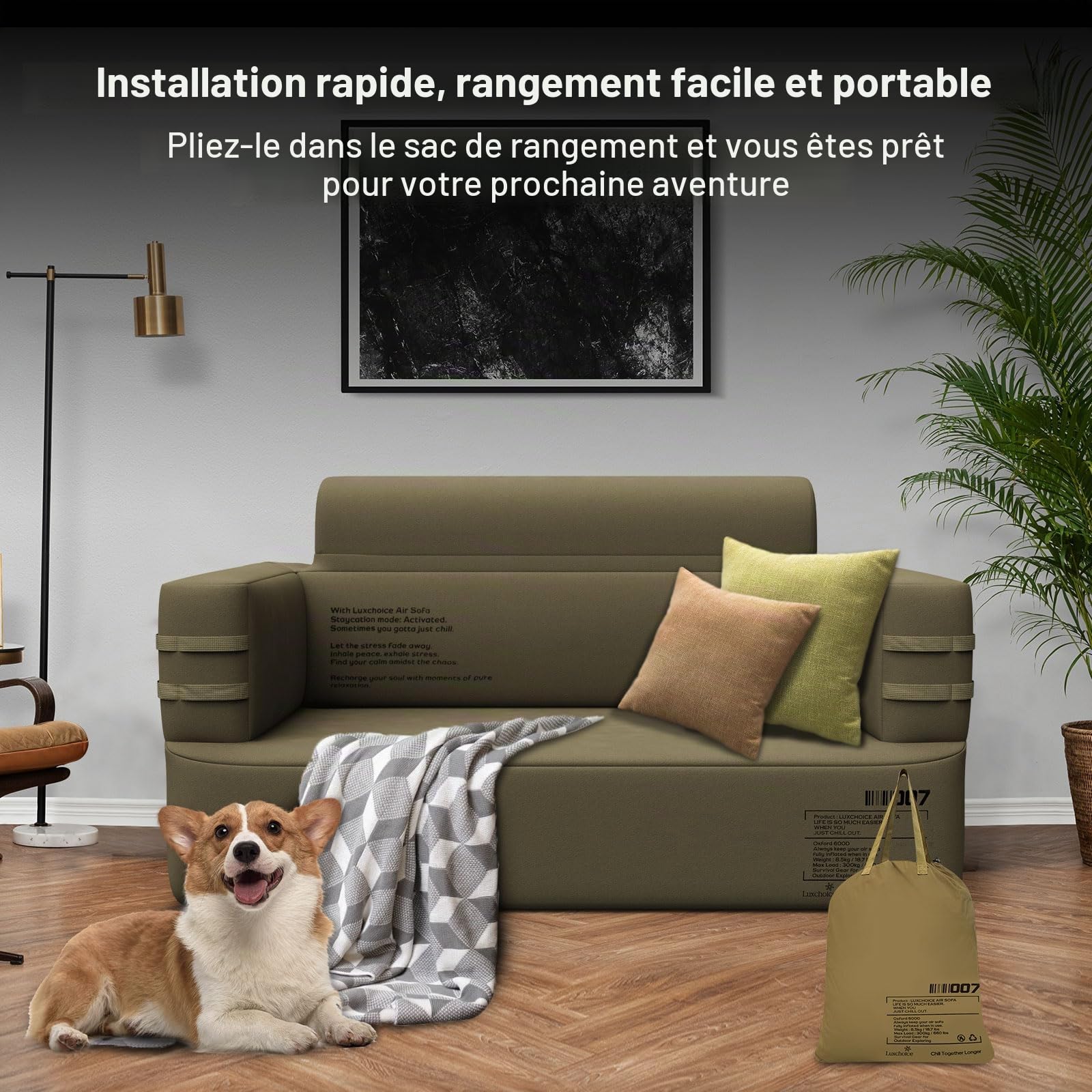 Luxchoice Canapé Gonflable Convertible 2 Place avec USB Pompe 400KG Max | Gonflez Pendant 3 à 5 Minutes, Pompe Détachable, Air Sofa Couch 1000D tissu Oxford, Fauteuil de Camping Gonflable Extérieur